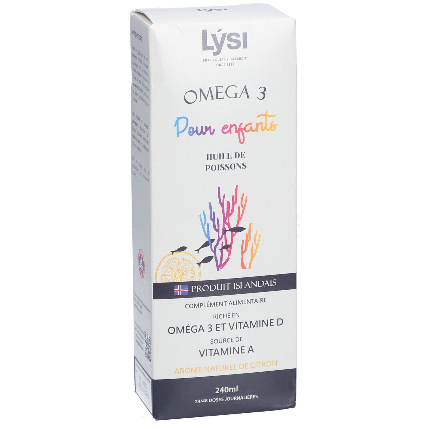 Boîte Lysi Omega 3 pour enfants. Contient Omega 3 et vitamine D. Illustration de poissons et coraux. 240ml. Saveur citron.