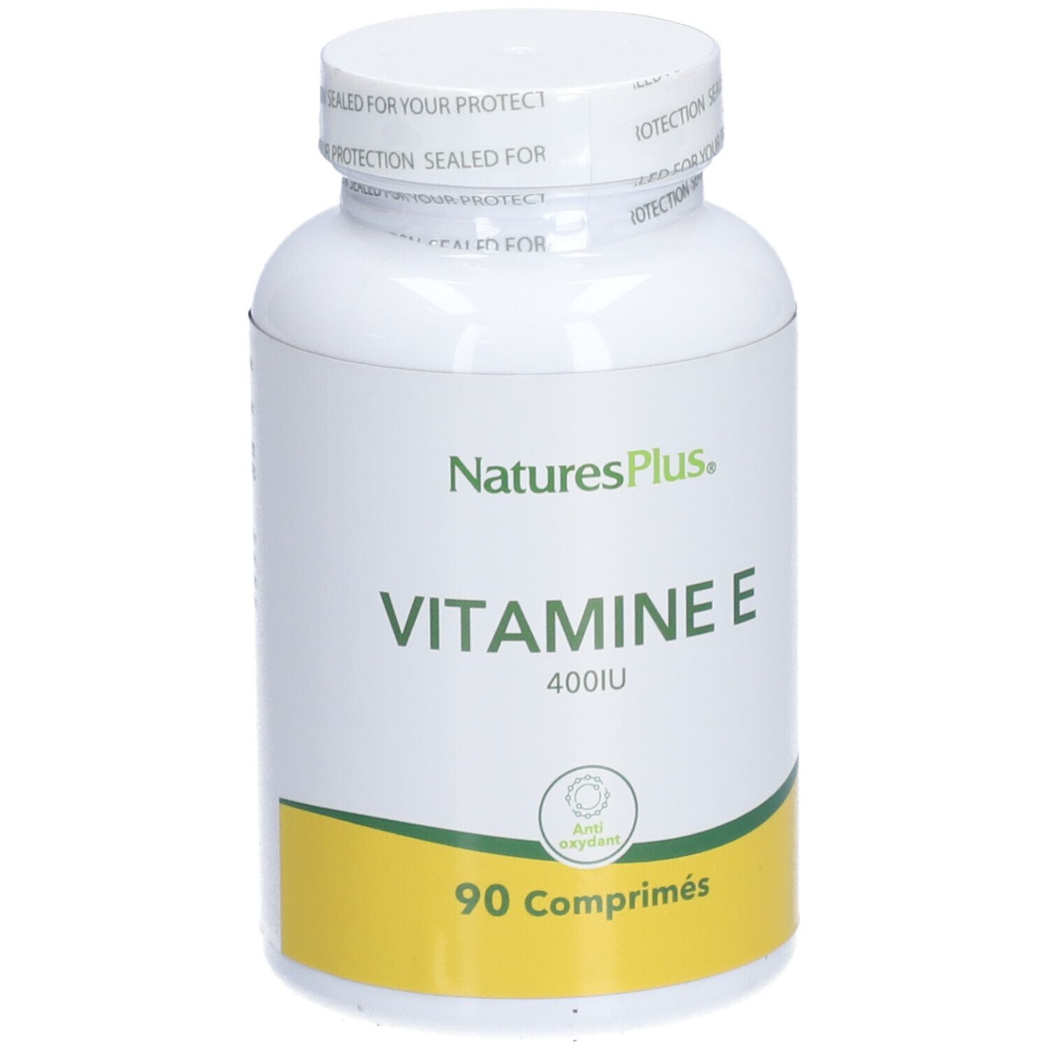 Flacon blanc avec étiquette jaune. Inscription: NaturesPlus, VITAMINE E, 400UI, 90 comprimés.