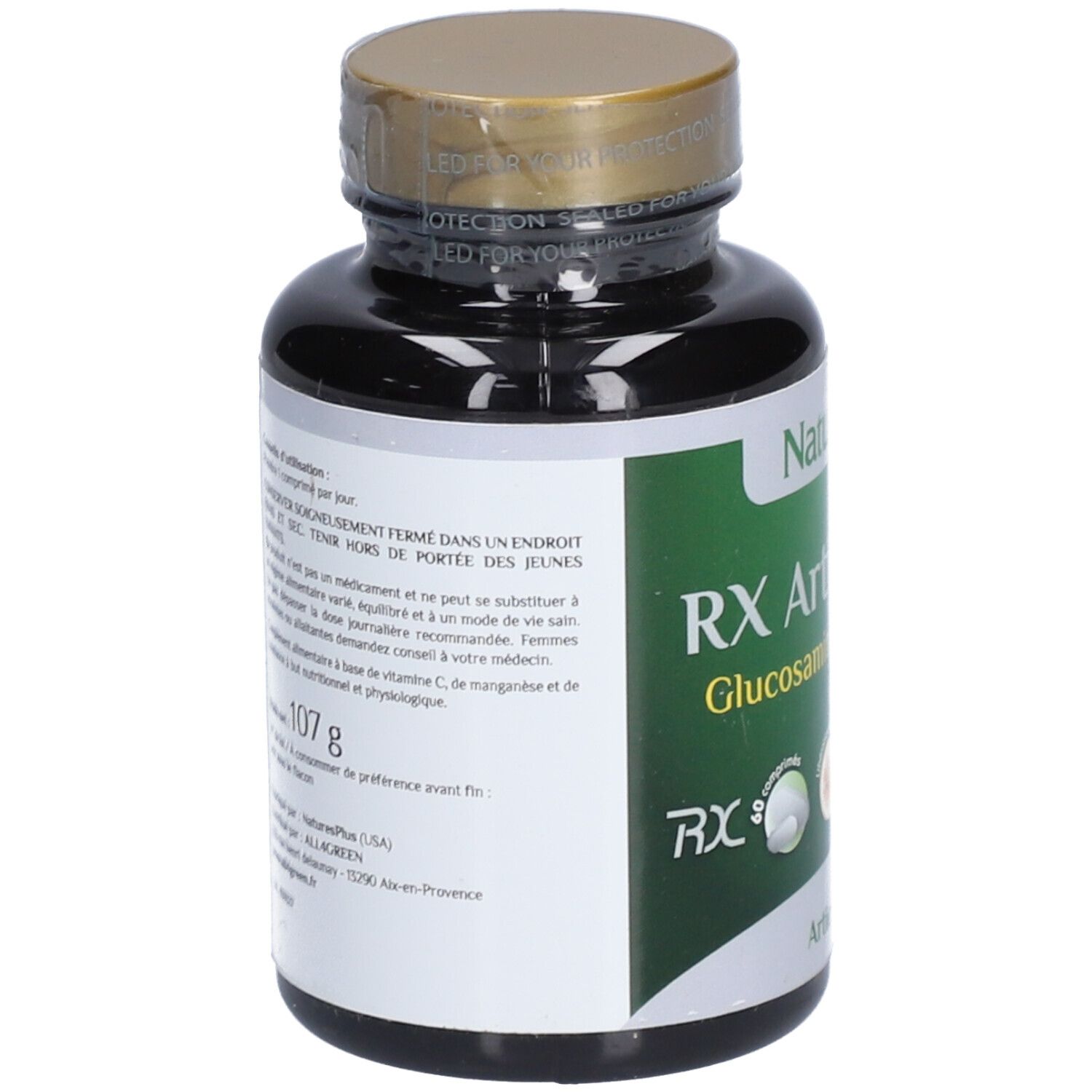NaturesPlus® RX Articulations. Bouteille marron, vue latérale. Étiquette verte avec texte et poids: 107 g.