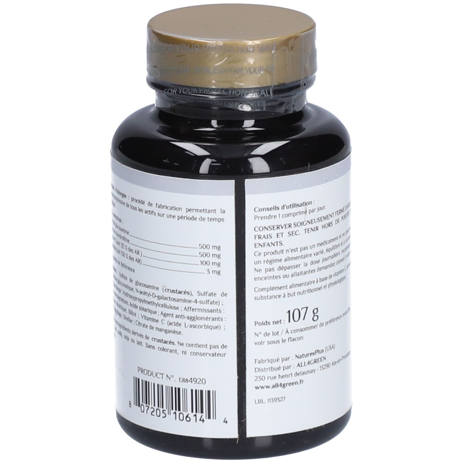 NaturesPlus® RX Articulations. Bouteille marron, vue arrière. Étiquette avec ingrédients et conseils d'utilisation.