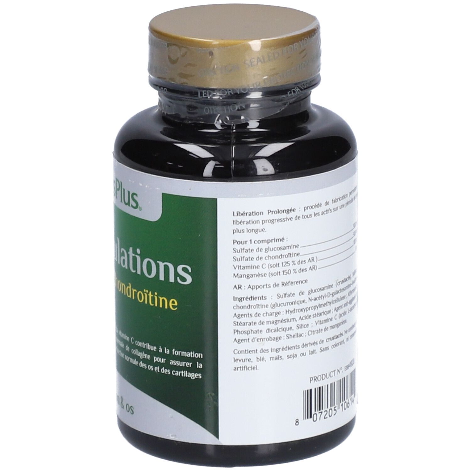 NaturesPlus® RX Articulations. Bouteille marron, vue arrière. Étiquette avec ingrédients et conseils d'utilisation.