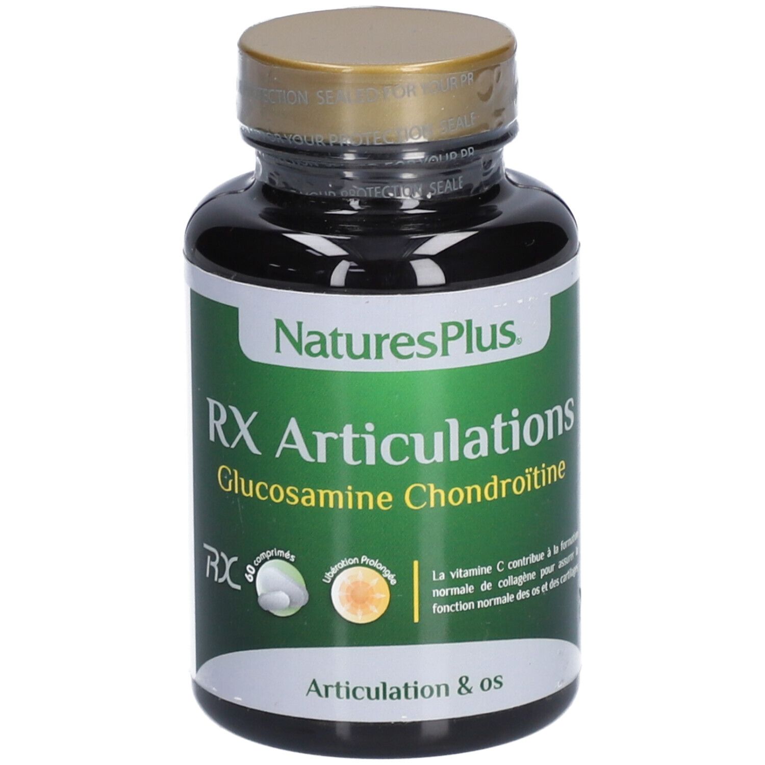 NaturesPlus® RX Articulations. Bouteille marron avec étiquette verte. Inscription: RX Articulations, Glucosamine Chondroïtine.