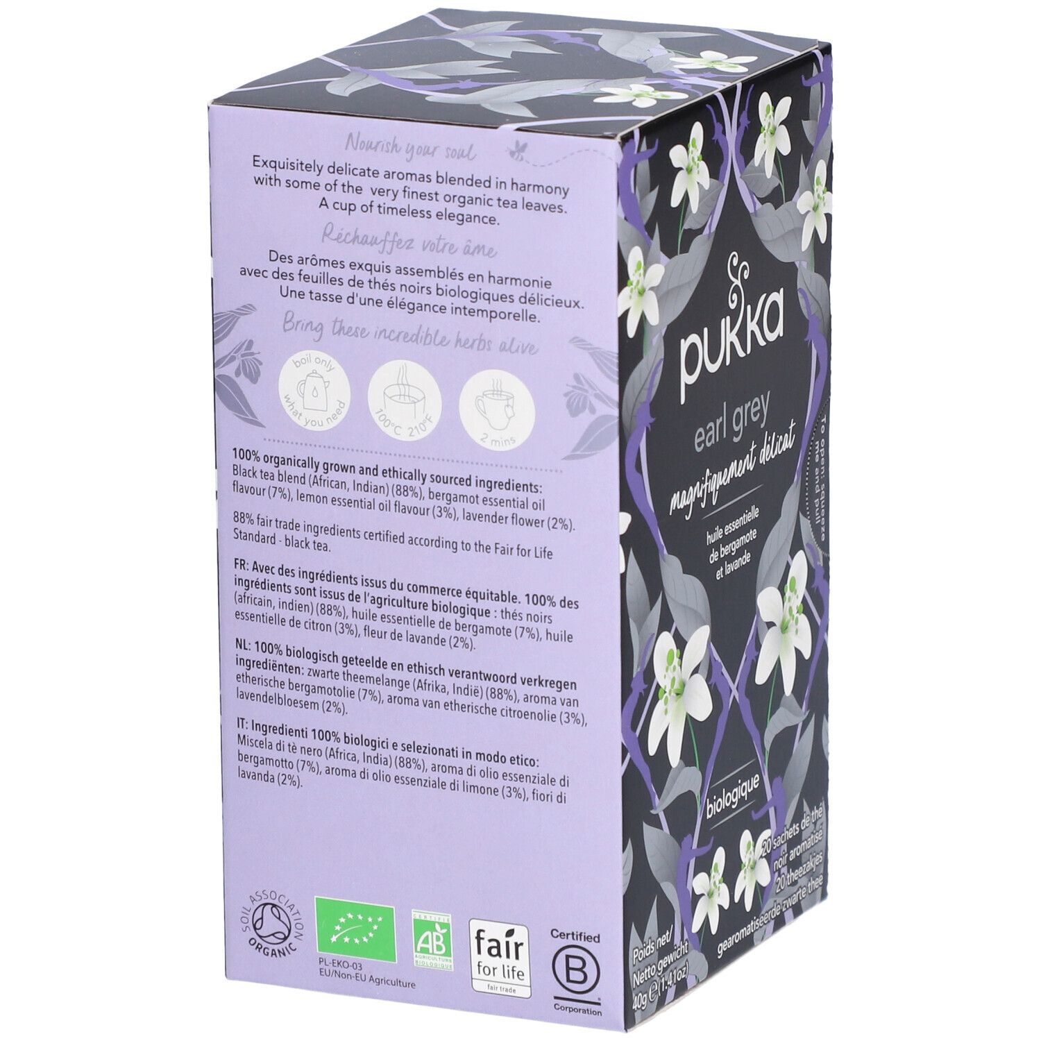 Dos de la boîte de thé Pukka Earl Grey. Texte avec ingrédients et certifications. Biologique.