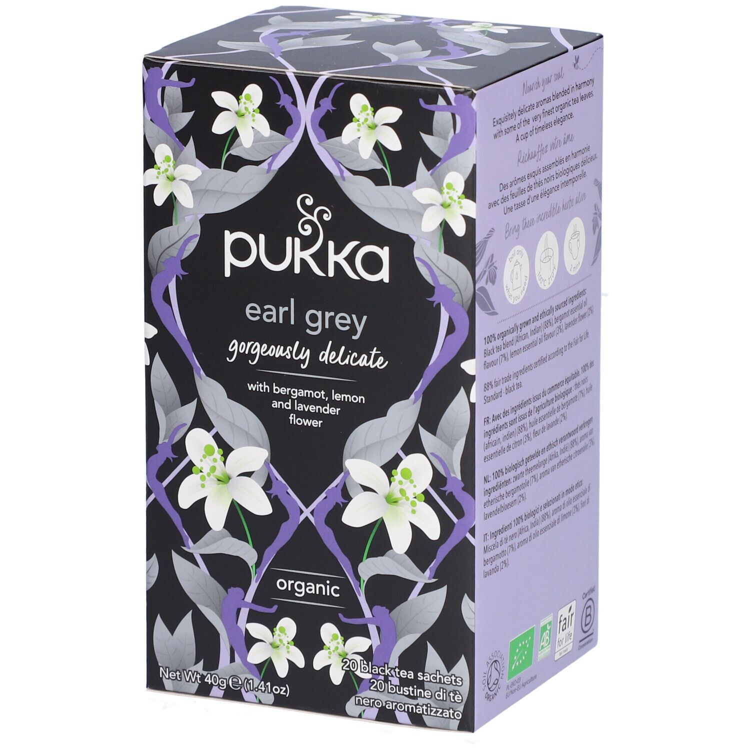 Boîte de thé Pukka Earl Grey. Fond lilas avec motif floral et nom du produit. Organique.
