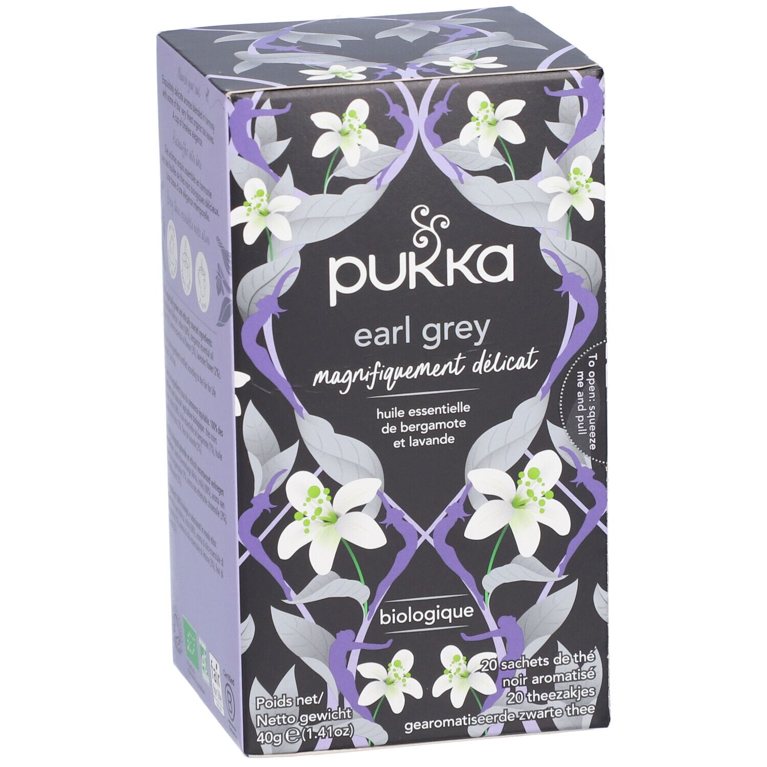 Boîte de thé Pukka Earl Grey. Fond lilas avec motif floral et nom du produit. Biologique.