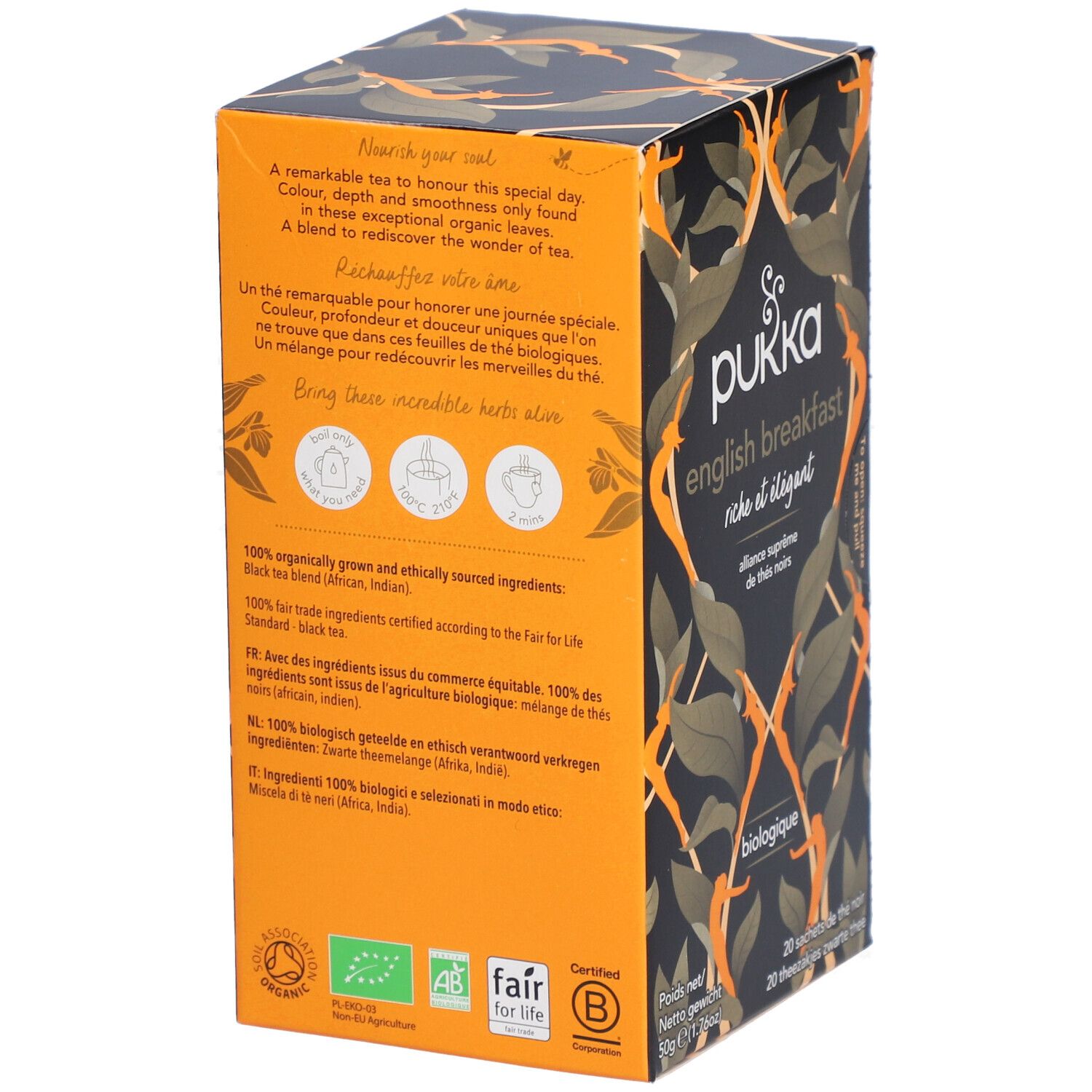 Dos de la boîte de thé. Texte : Pukka English Breakfast, biologique. Certifications : Fair for Life, label bio.