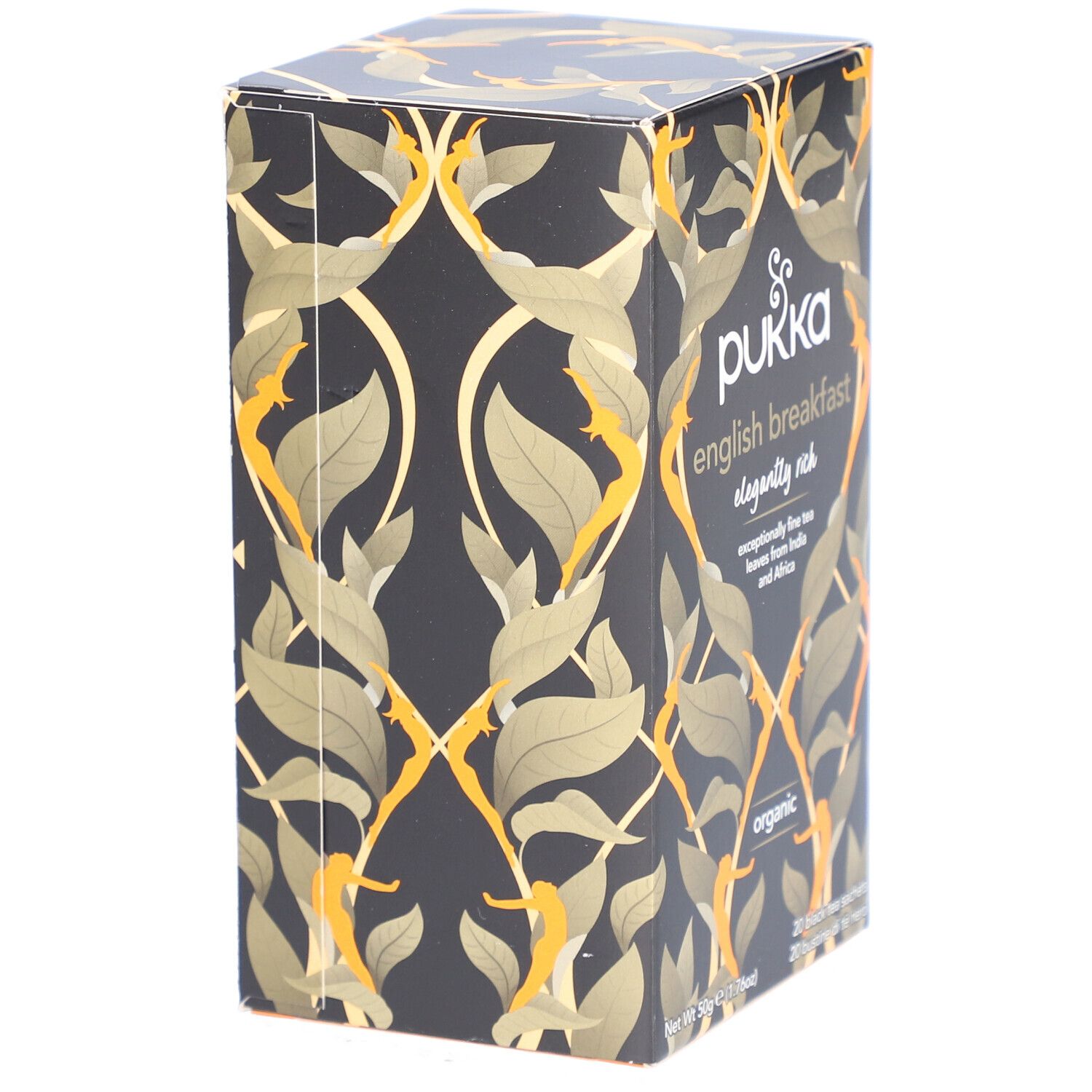 Boîte de thé avec motif de feuilles dorées. Inscription : Pukka English Breakfast, organic. 20 sachets.