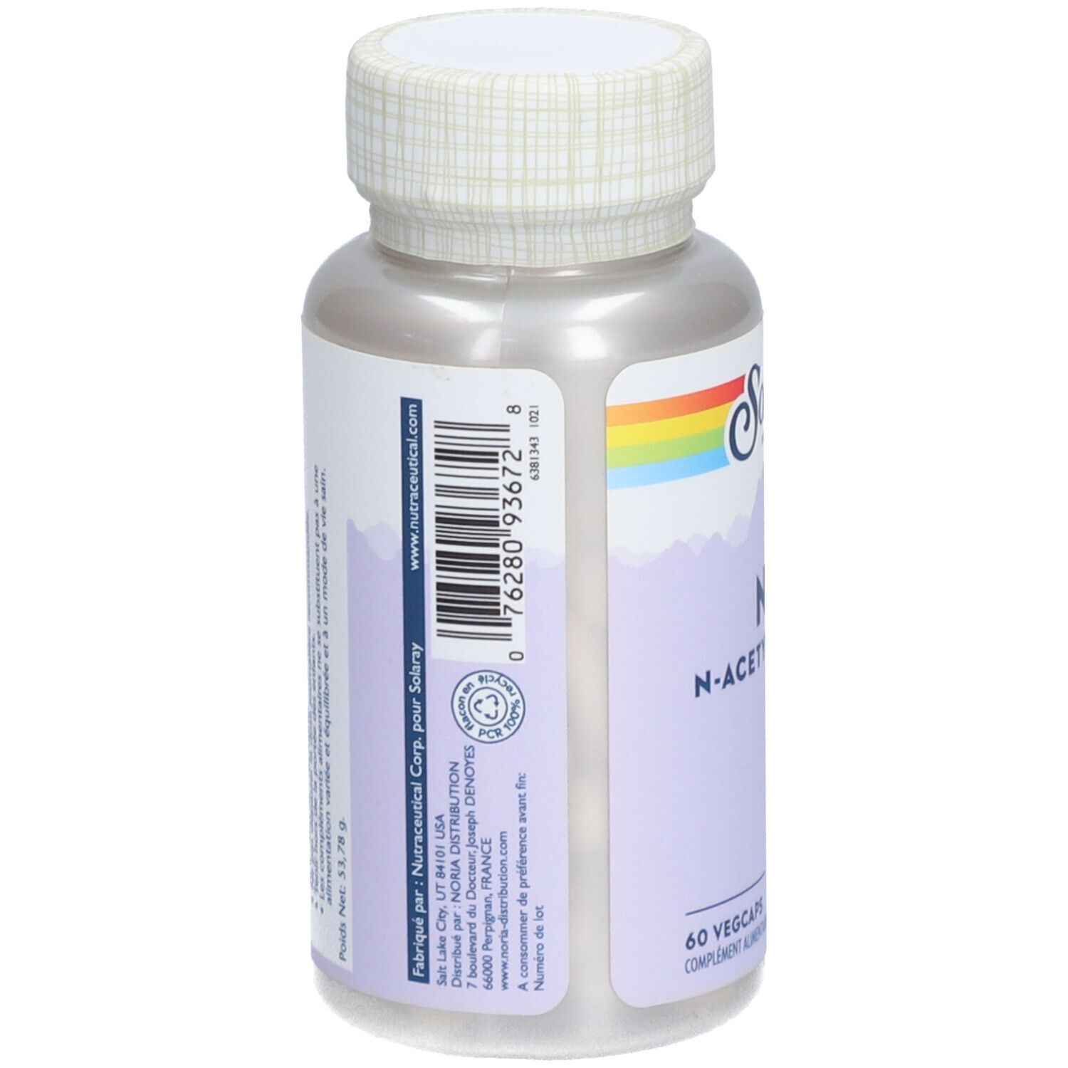 Solaray NAC 600 mg. Dos du flacon. Inscription: NAC N-Acétyl-Cystéine. 60 gélules végétales. Code-barres et informations fabricant.