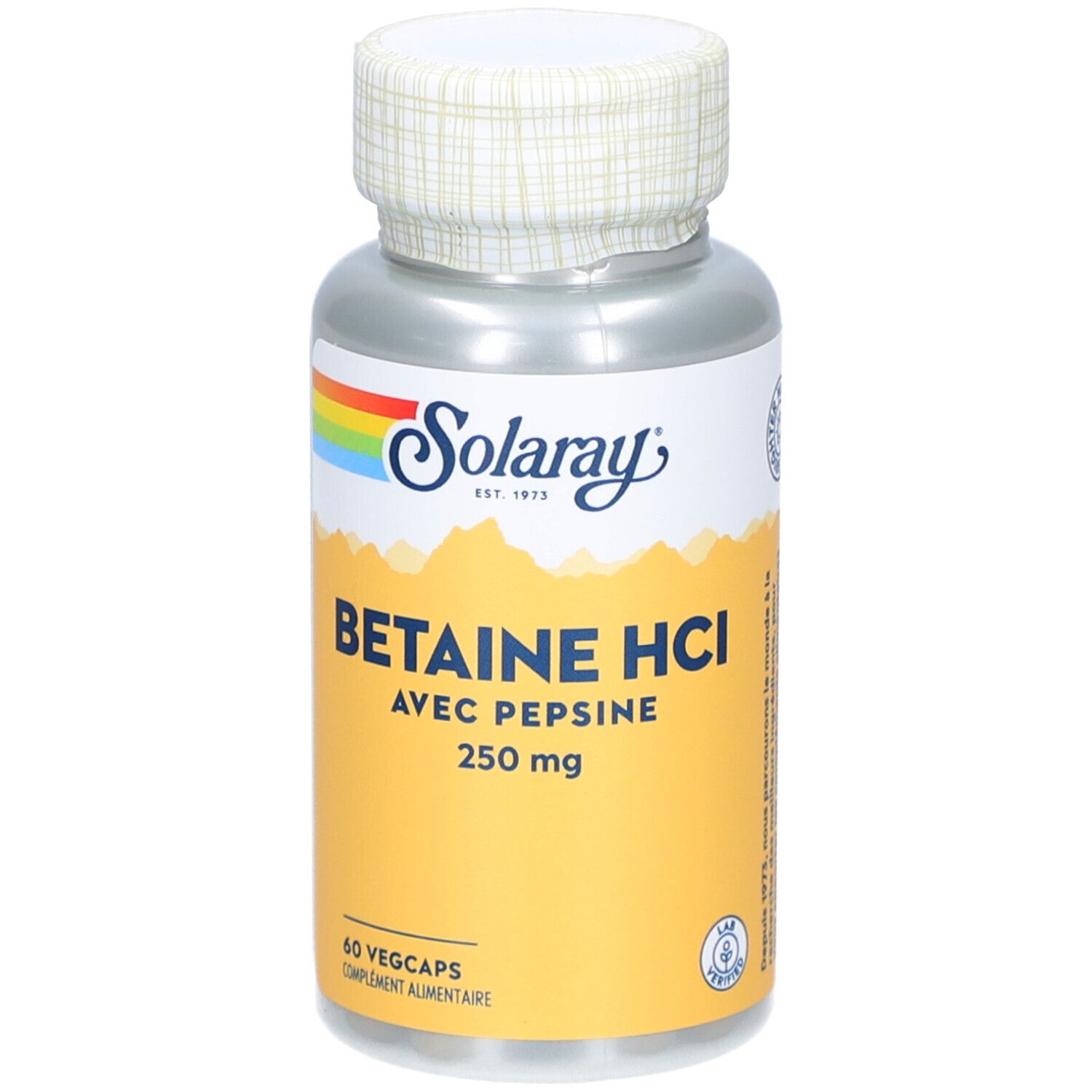 Flacon cylindrique de gélules. Étiquette avec nom du produit, dosage et marque Solaray. Bouchon à motif blanc.