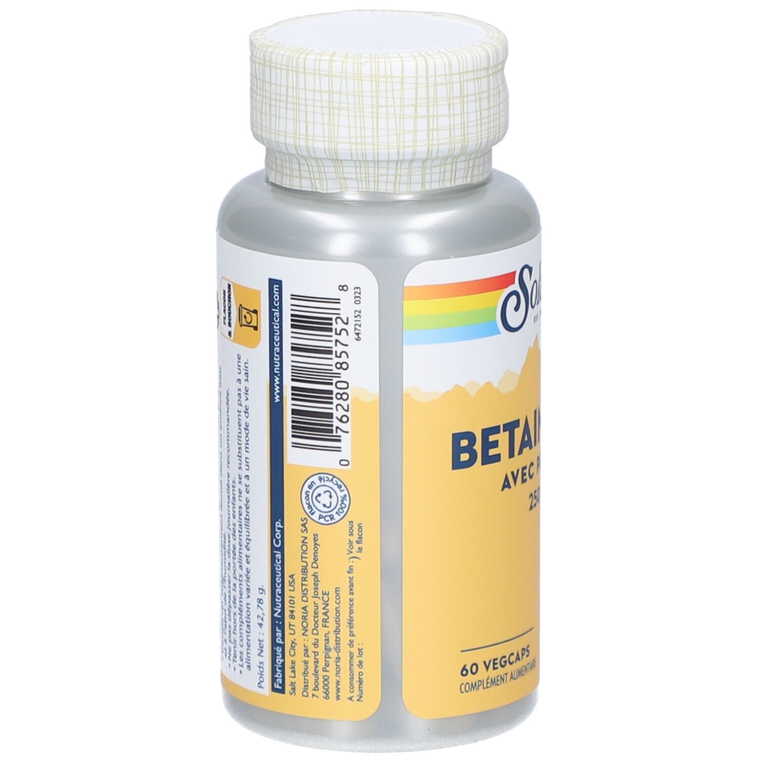 Dos du flacon. Étiquette avec informations, code-barres et marque Solaray. Bouchon à motif blanc.