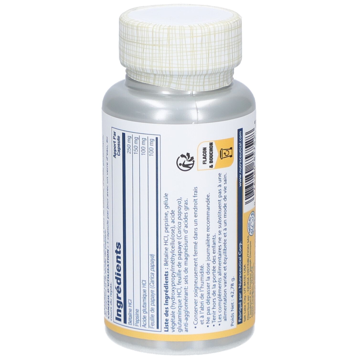 Dos du flacon. Liste des ingrédients et informations nutritionnelles. Bouchon à motif blanc. Flacon métallique.