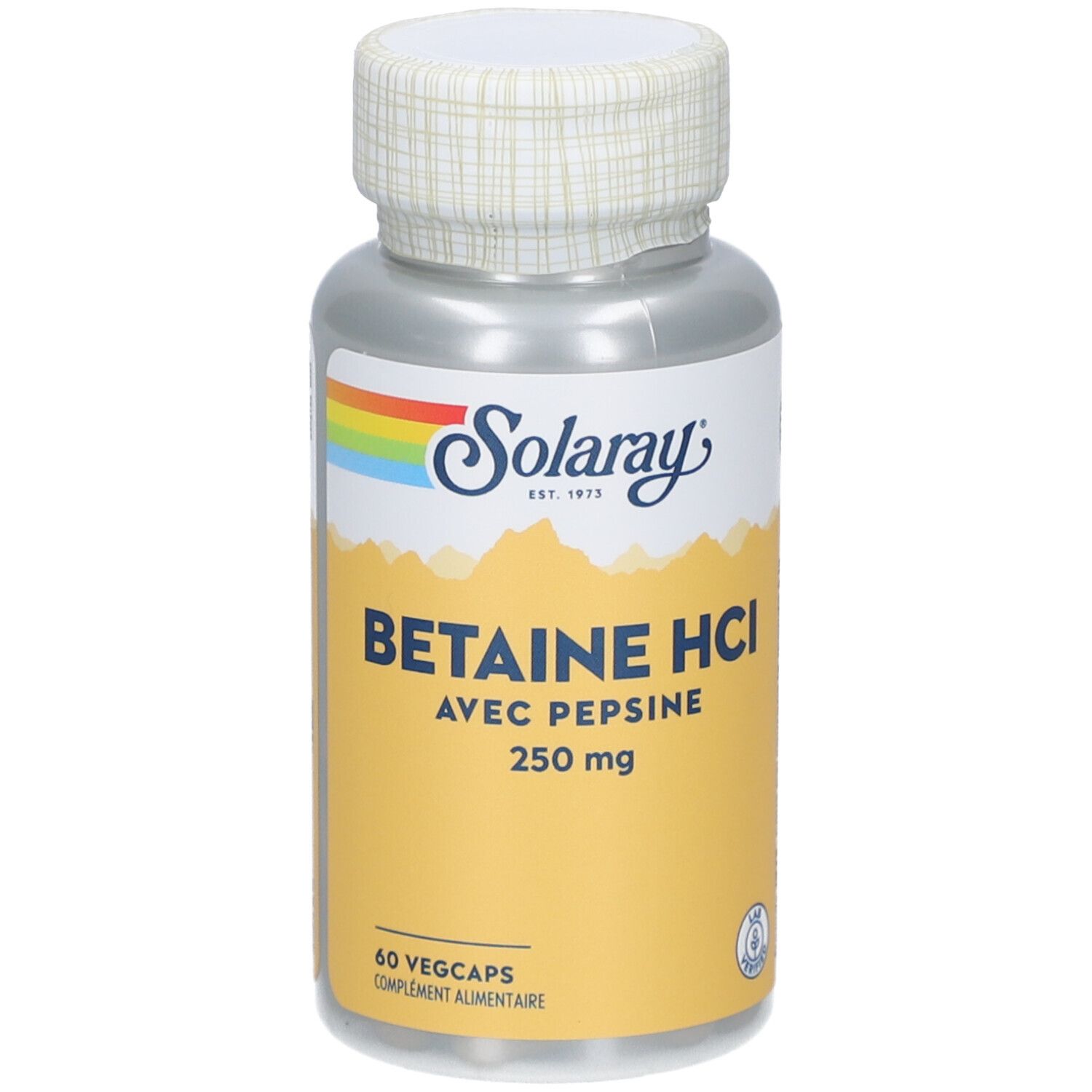 Flacon cylindrique de gélules. Étiquette avec nom du produit, dosage et marque Solaray. Bouchon à motif blanc.