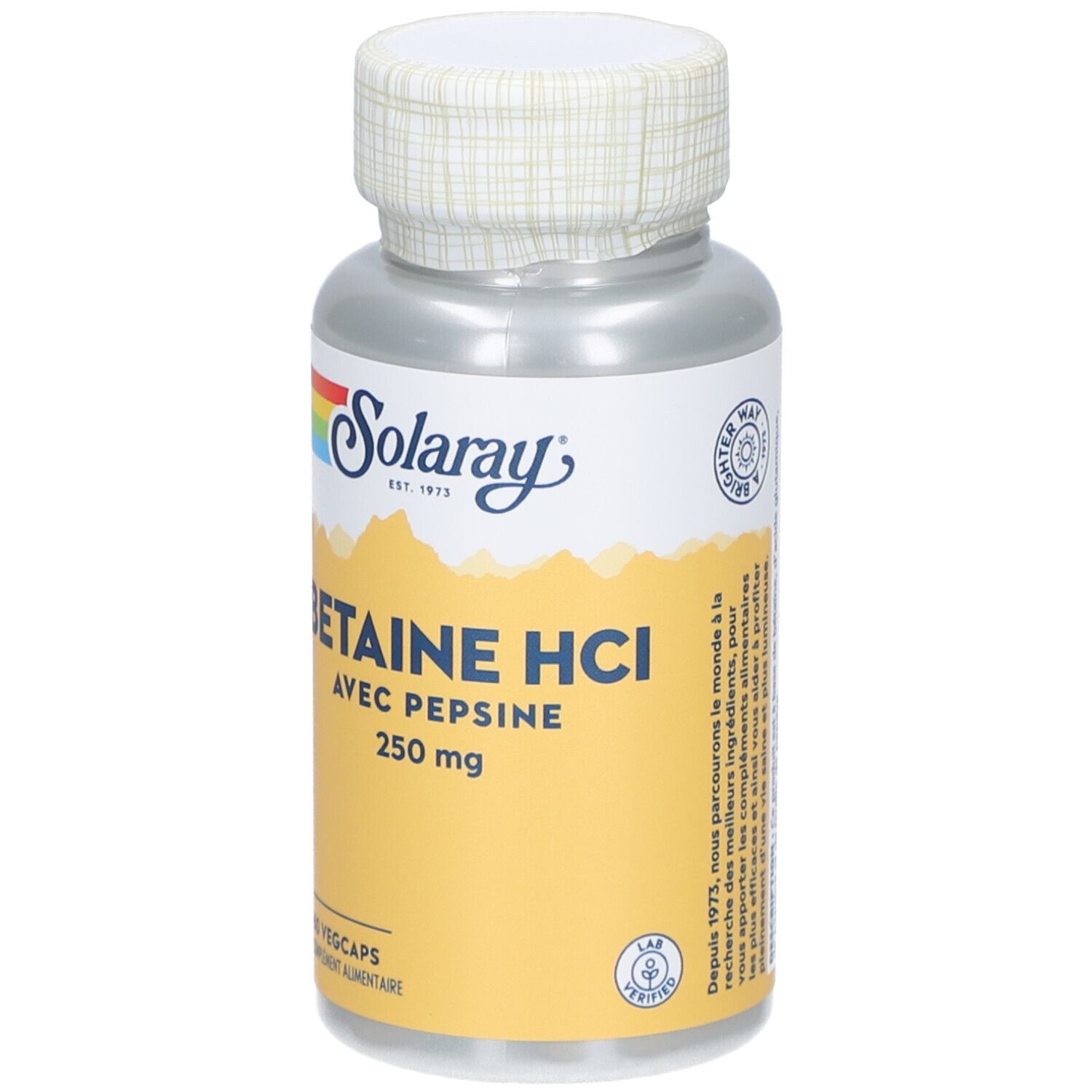 Flacon cylindrique de gélules. Étiquette avec nom du produit, dosage et marque Solaray. Bouchon à motif blanc.