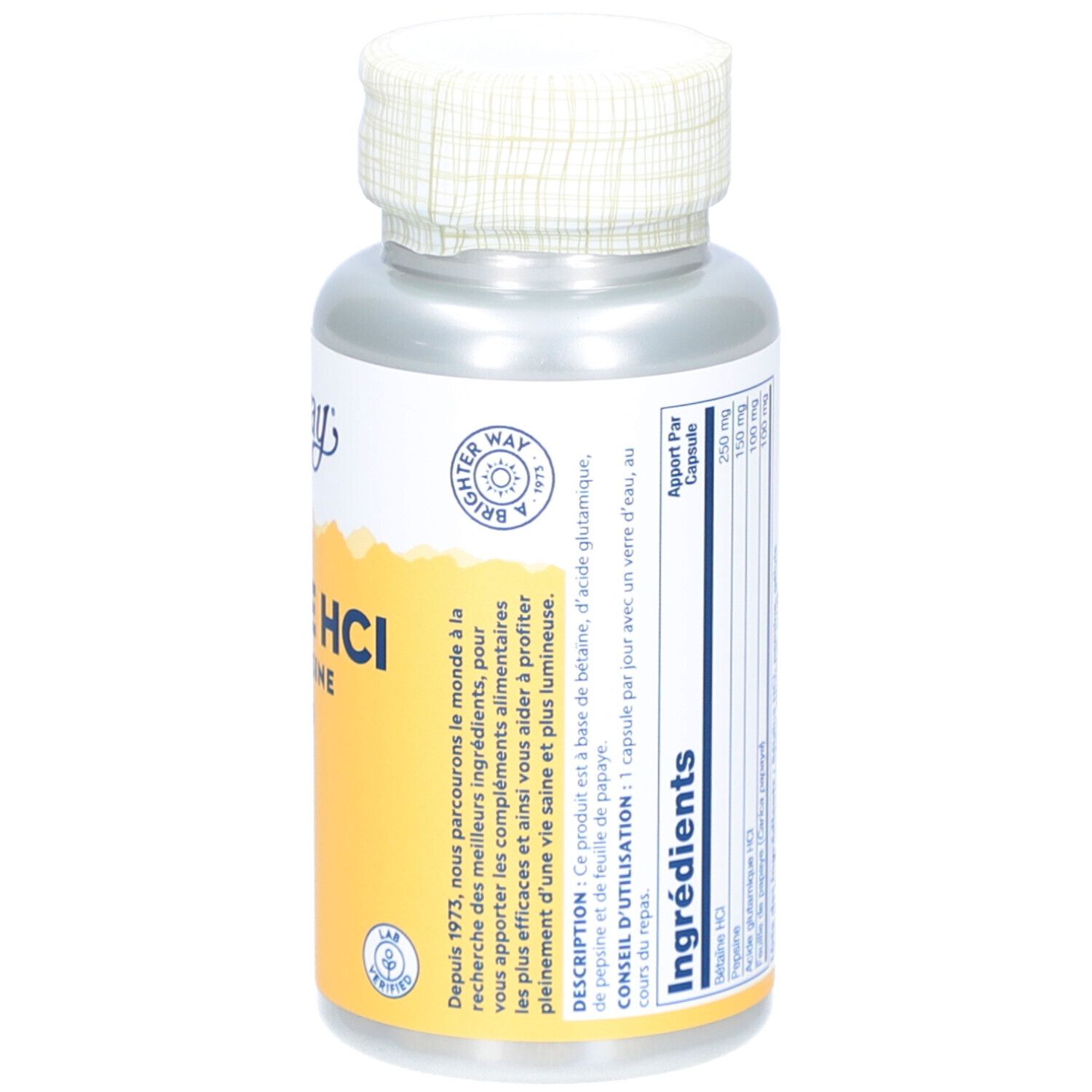 Dos du flacon. Étiquette avec informations, ingrédients et marque Solaray. Bouchon à motif blanc.