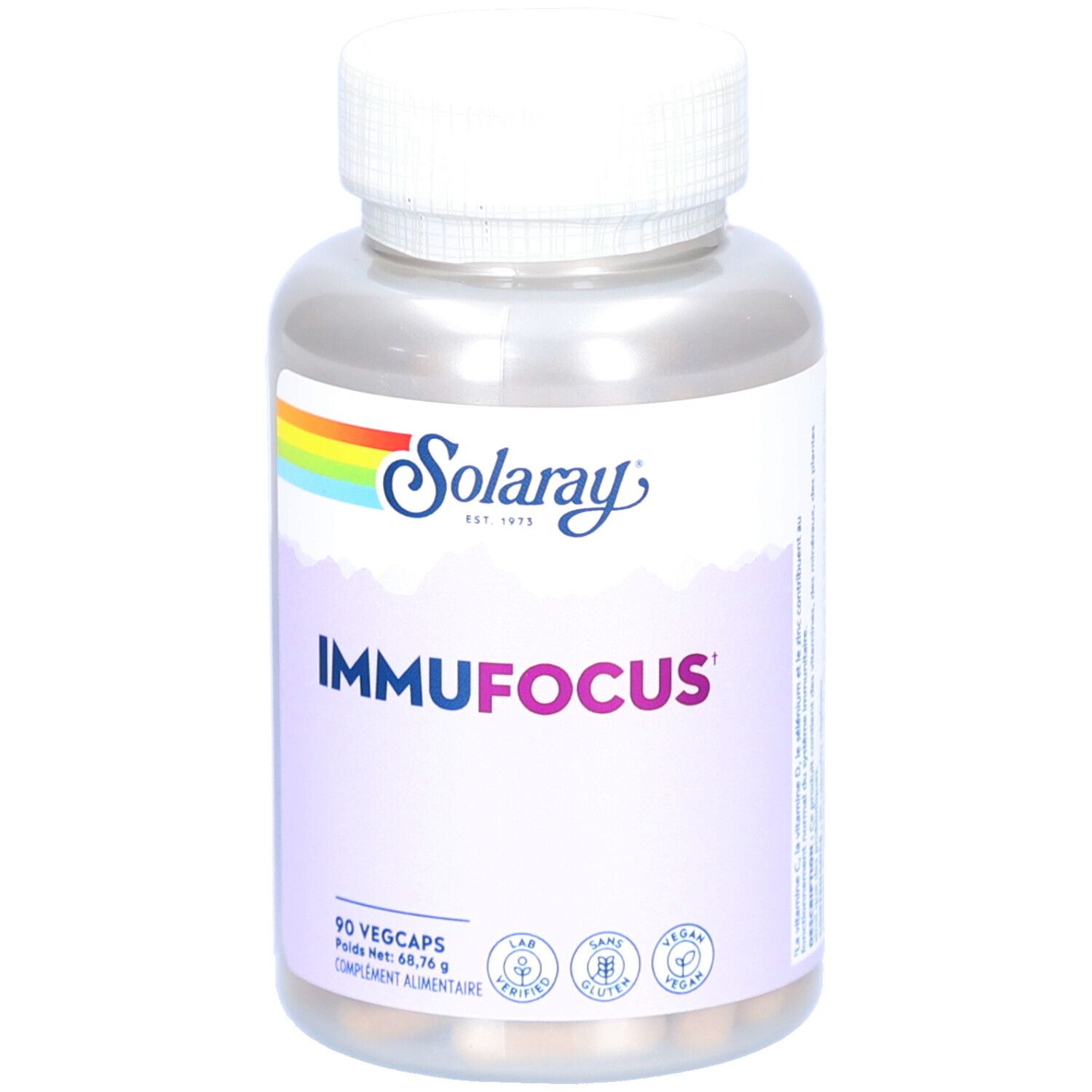 Flacon de gélules "ImmuFocus" Solaray. 90 Vegcaps. Vegan, sans gluten, certifié laboratoire.