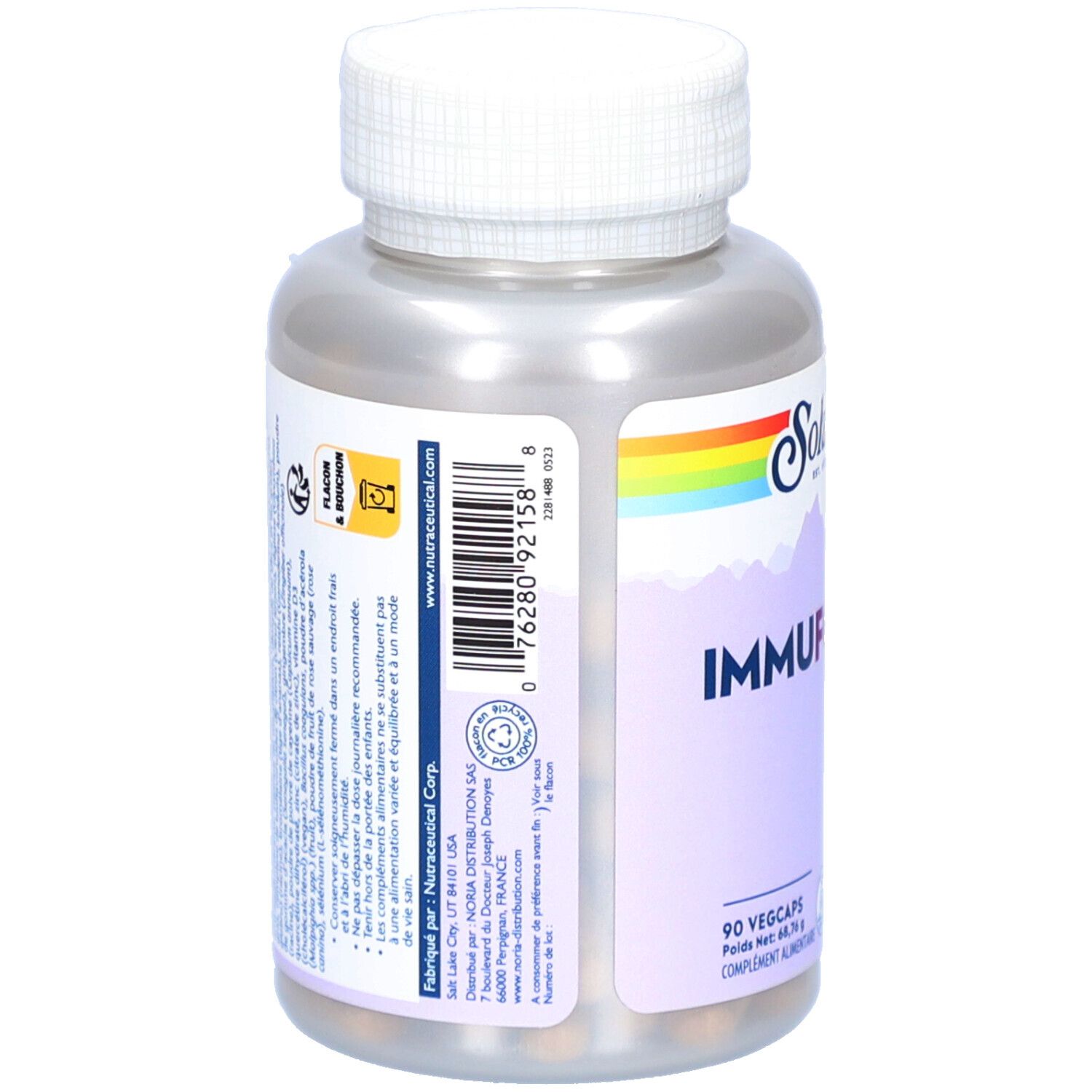 Dos du flacon de gélules. Code-barres et texte. Marque Solaray. Vegan, sans OGM, recyclable.