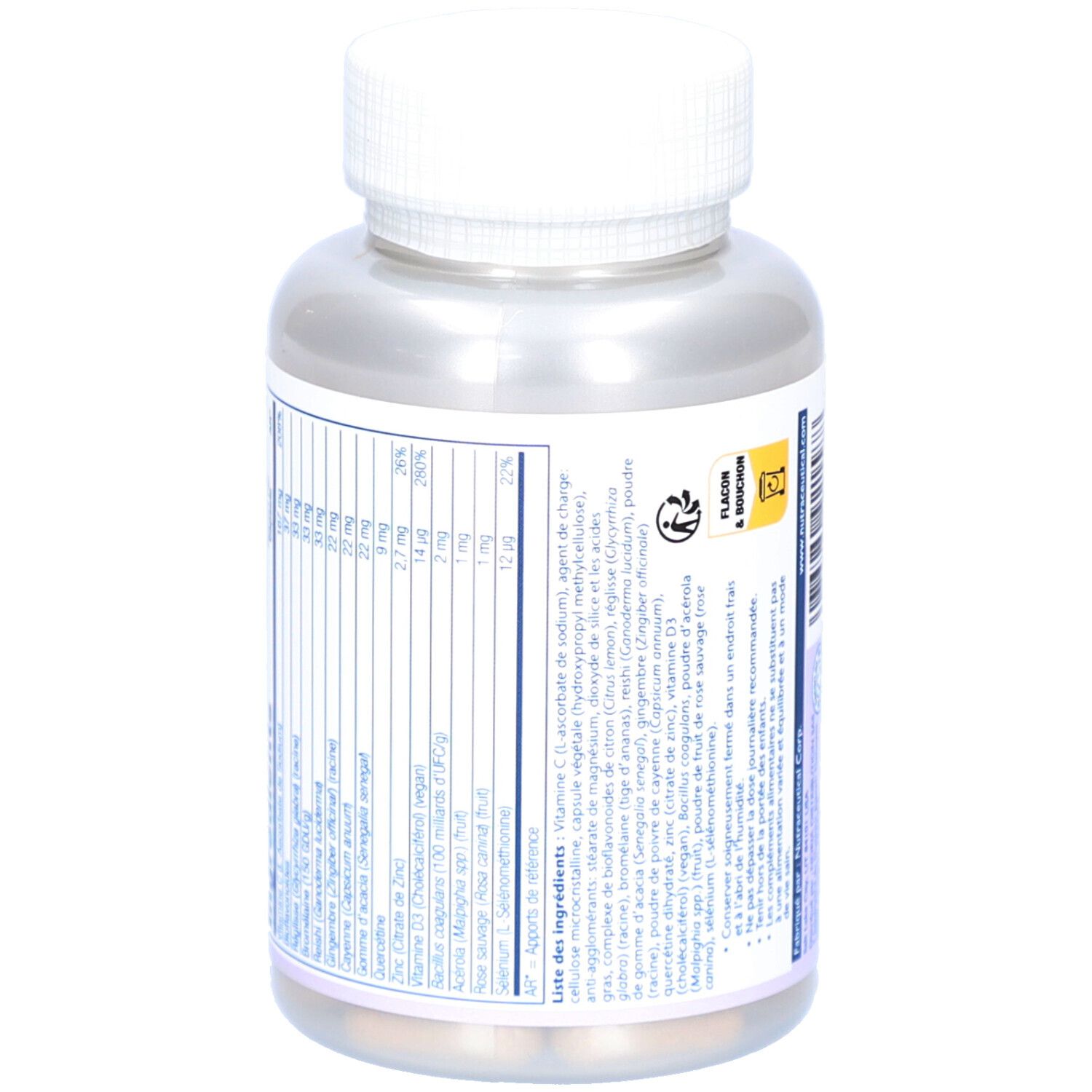 Dos du flacon de gélules. Ingrédients et informations nutritionnelles. Marque Solaray. Vegan, sans OGM.