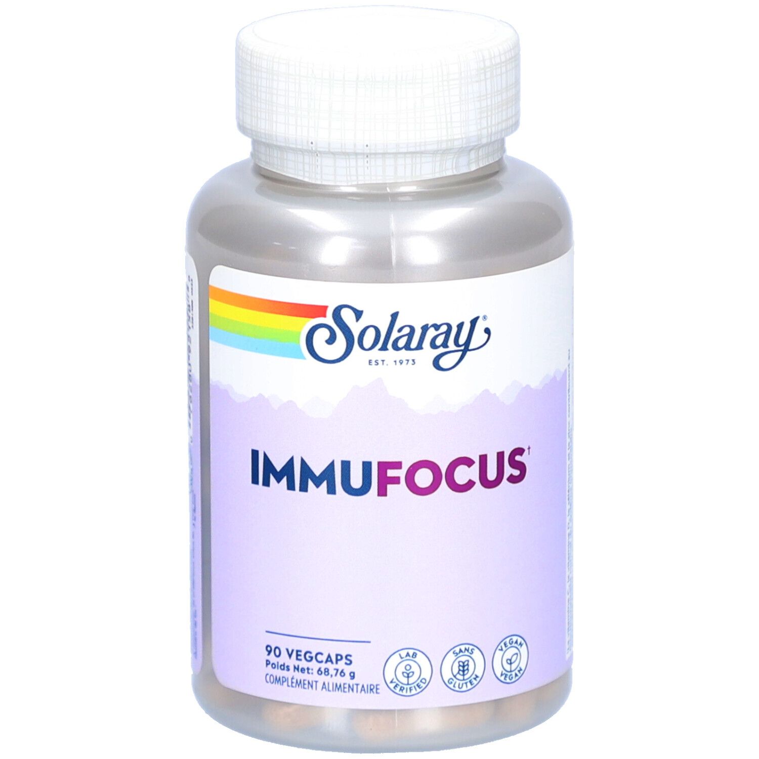 Flacon de gélules "ImmuFocus" Solaray. 90 Vegcaps. Vegan, sans gluten, certifié laboratoire.
