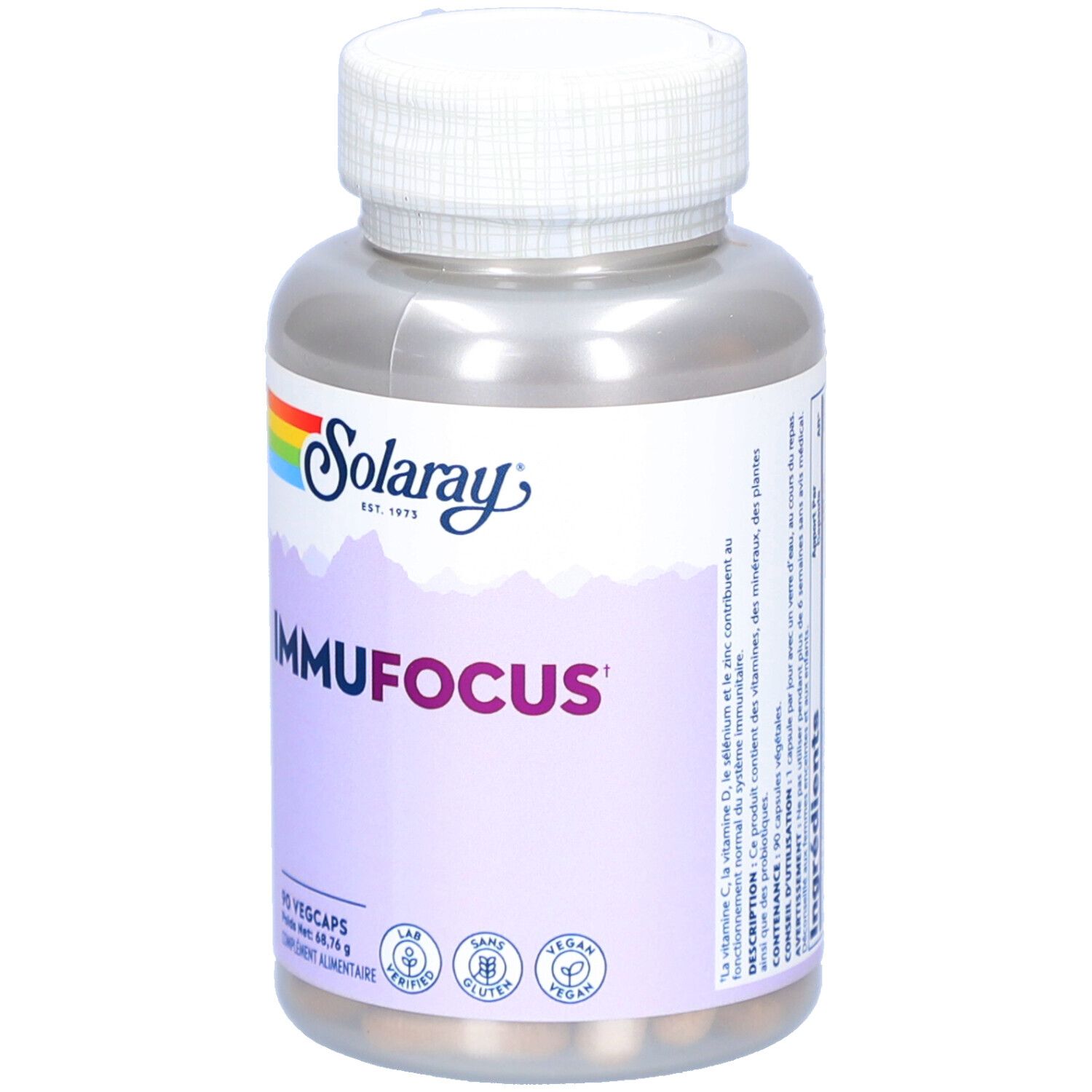 Flacon de gélules "ImmuFocus" Solaray. 90 Vegcaps. Vegan, sans gluten, certifié laboratoire.