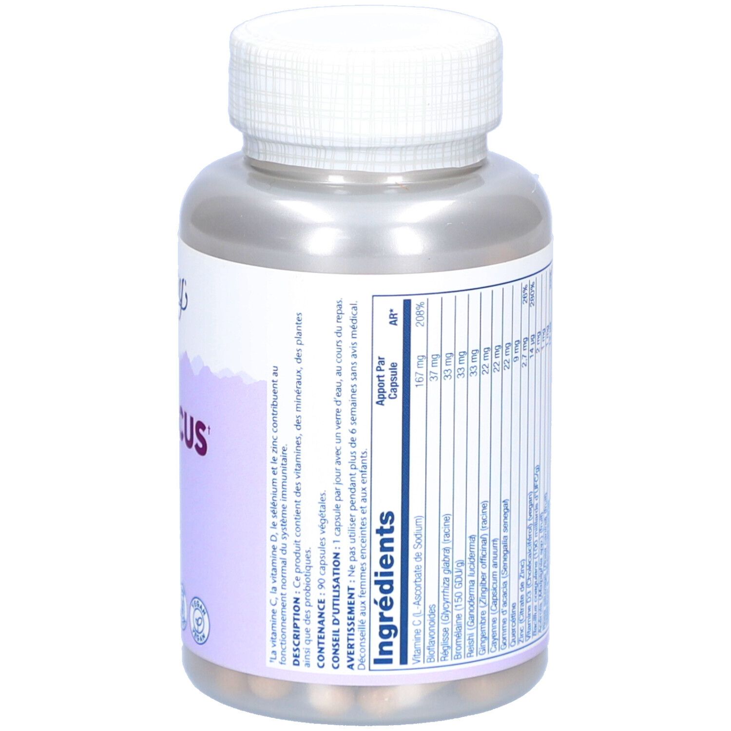 Dos du flacon de gélules. Ingrédients et informations nutritionnelles. Marque Solaray. Vegan, sans OGM.