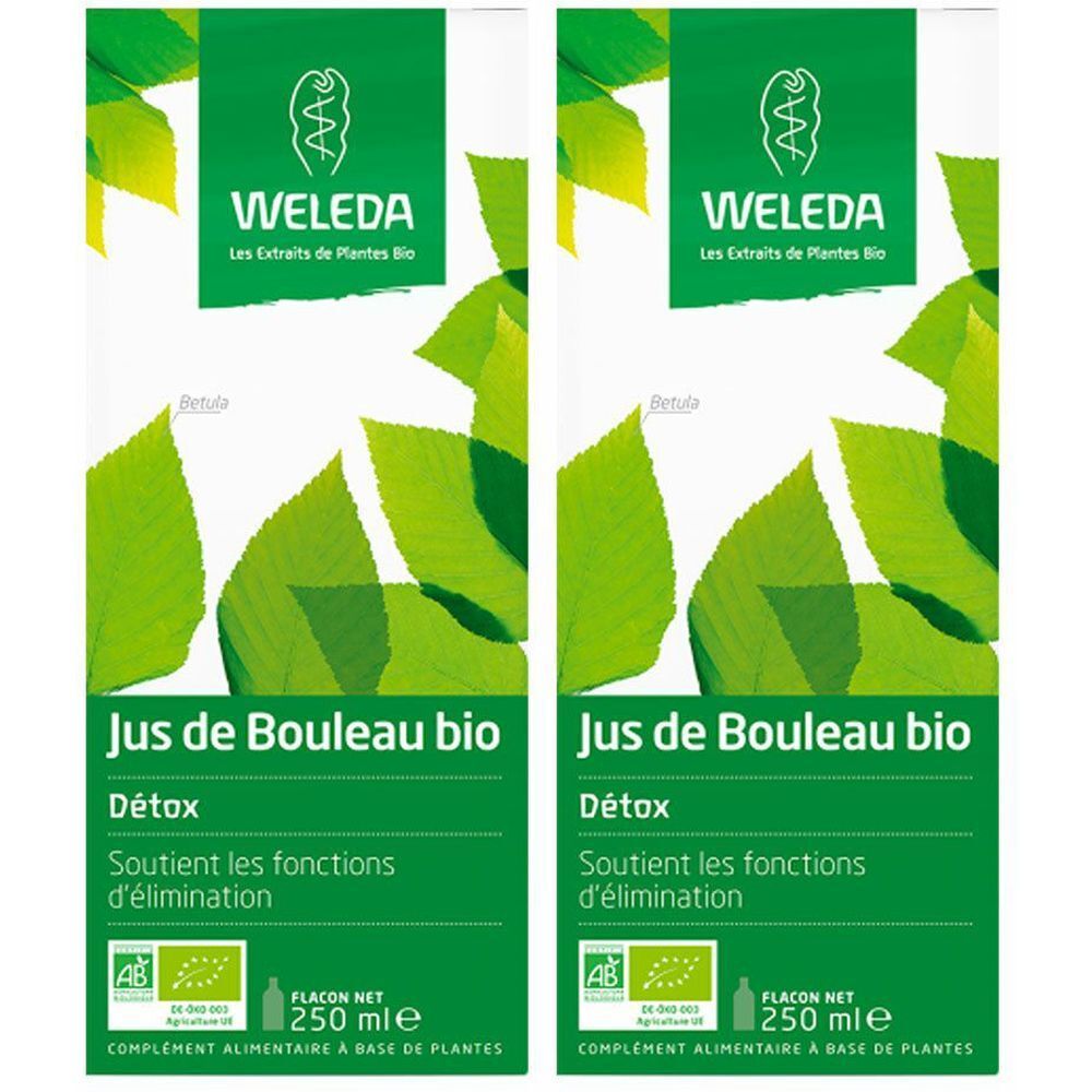 Deux emballages en carton avec des feuilles vertes et du texte. "WELEDA" en haut. En dessous, "Jus de Bouleau bio".