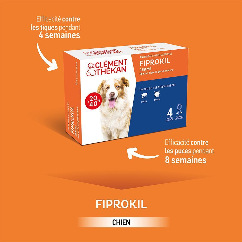 Clément Thékan Fiprokil pour chiens (20-40kg). Efficace contre les tiques 4 semaines, les puces 8 semaines.