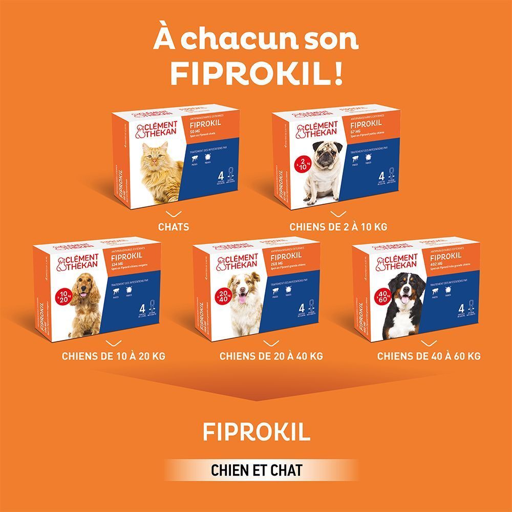Produits Fiprokil pour chats et chiens de différentes catégories de poids.