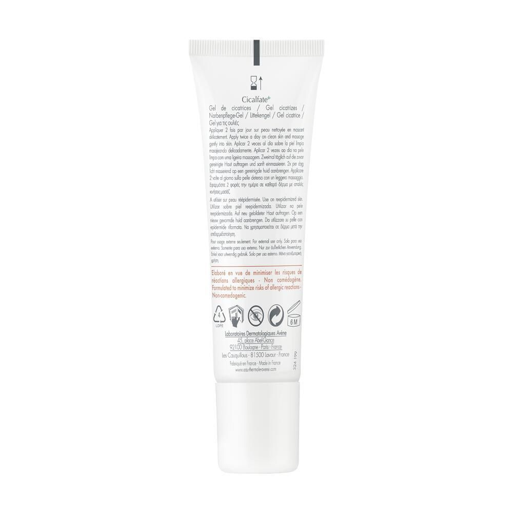 Dos d'un tube de gel cicatrice AVENE Cicalfate+. Blanc, avec texte multilingue. Informations d'utilisation.