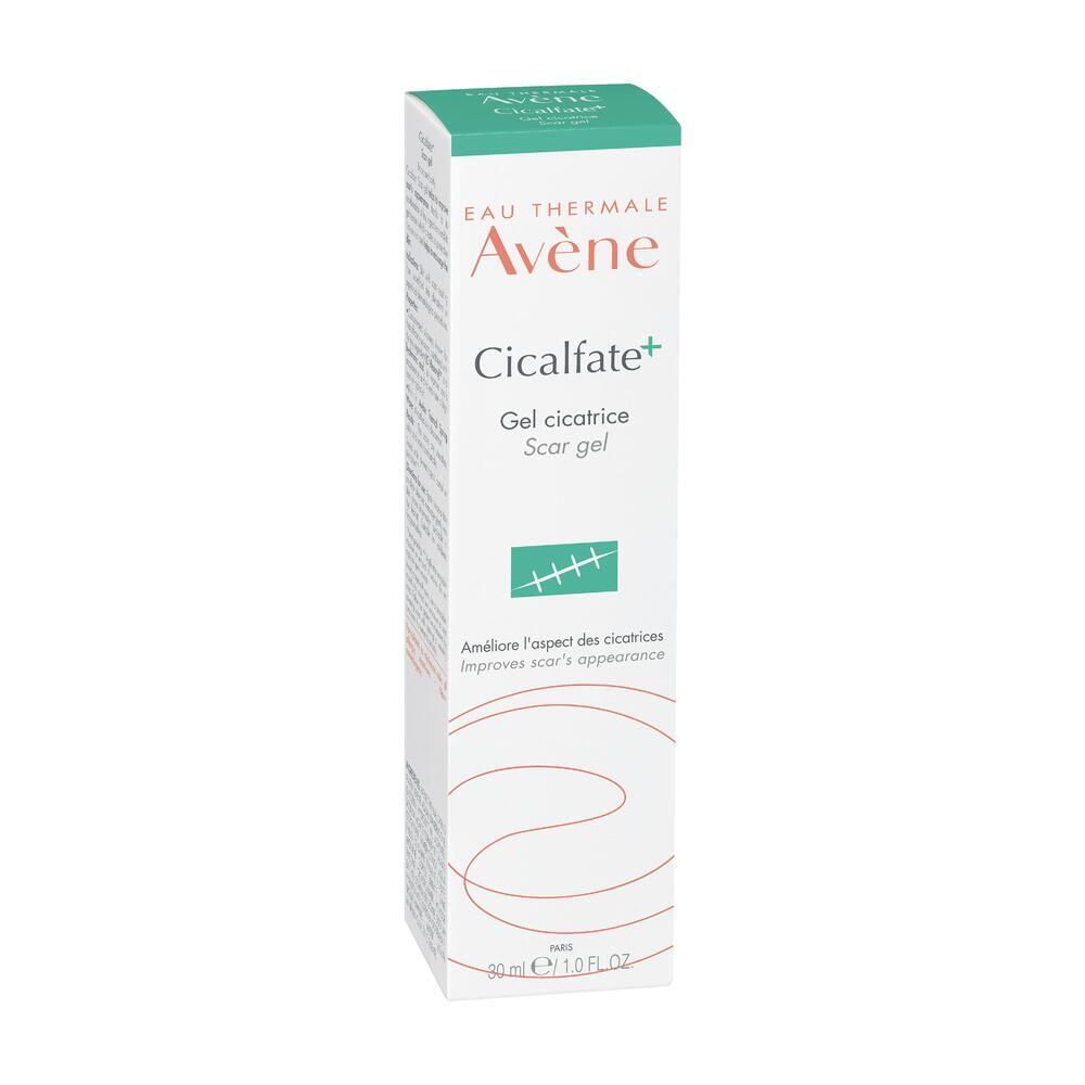 Boîte AVENE Cicalfate+ Gel cicatrice. Blanche avec dessus vert. Nom du produit et logo clairement visibles.