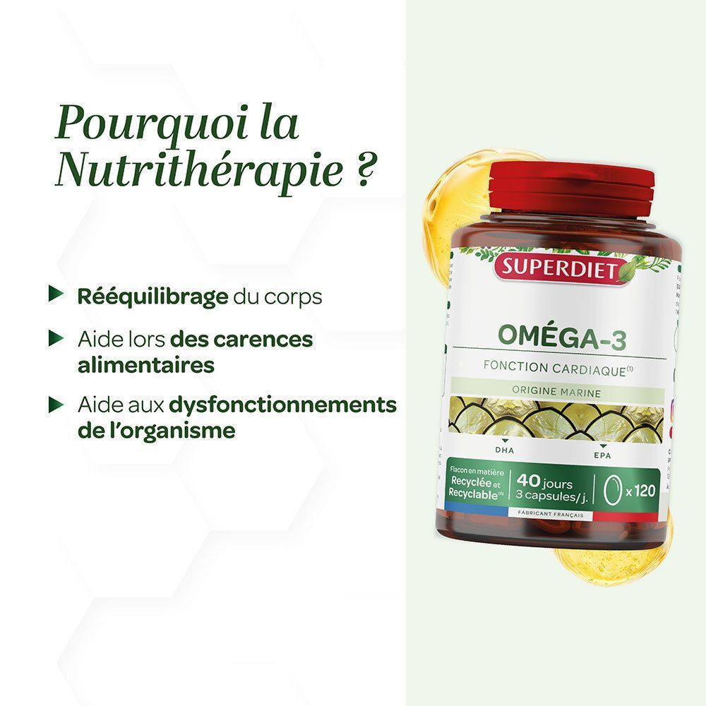 Flacon de SUPERDIET Oméga-3 avec étiquette "OMÉGA-3 FONCTION CARDIAQUE", à côté de texte sur la "Nutrithérapie".