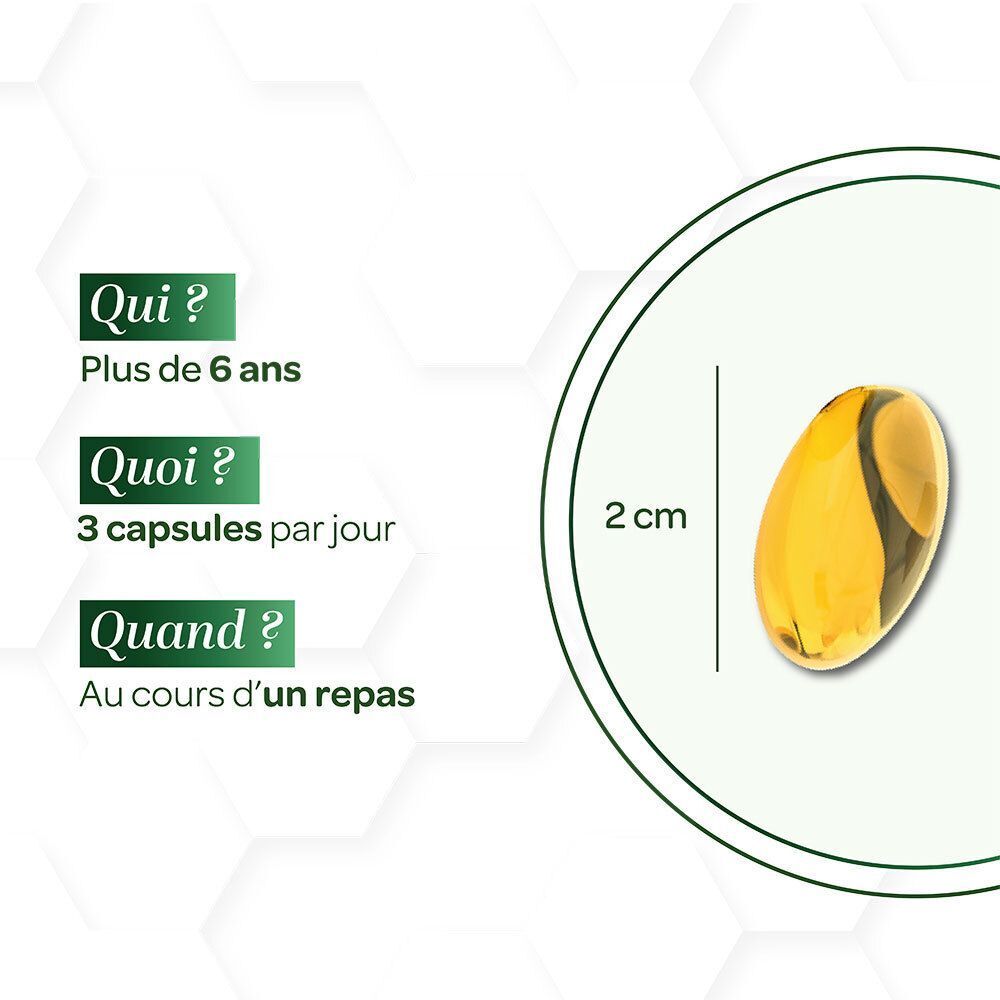 Une seule capsule de SUPERDIET Oméga-3, de 2 cm de long, avec du texte sur la posologie et le moment de la prise.