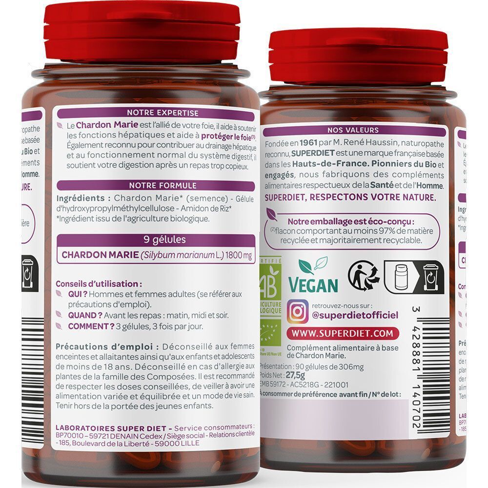 Vue arrière de deux flacons SUPERDIET Chardon Marie Bio avec informations nutritionnelles et label Bio.