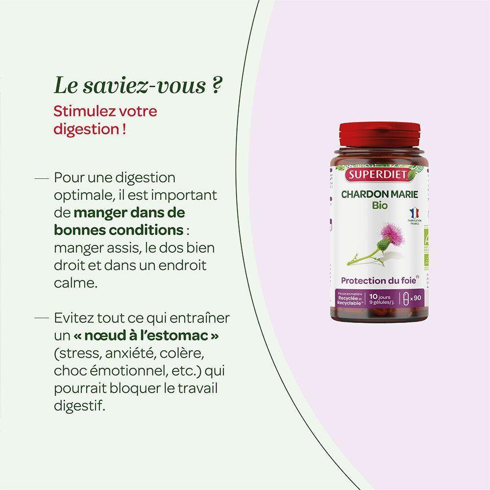 Flacon SUPERDIET Chardon Marie Bio à côté d'un texte sur la stimulation de la digestion.