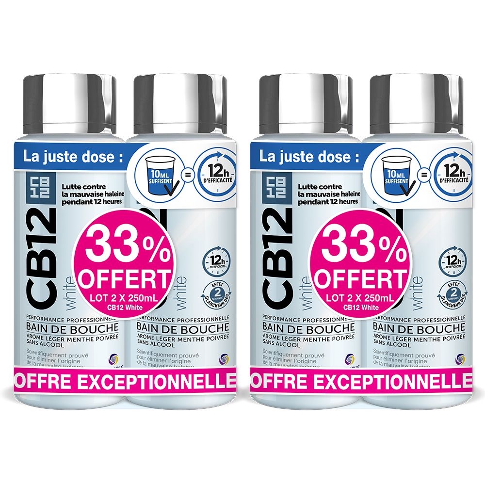 Deux flacons de bain de bouche CB12 White. Flacons blancs avec étiquette bleue et blanche. Texte : 33% offert, Bain de Bouche, sans alcool.