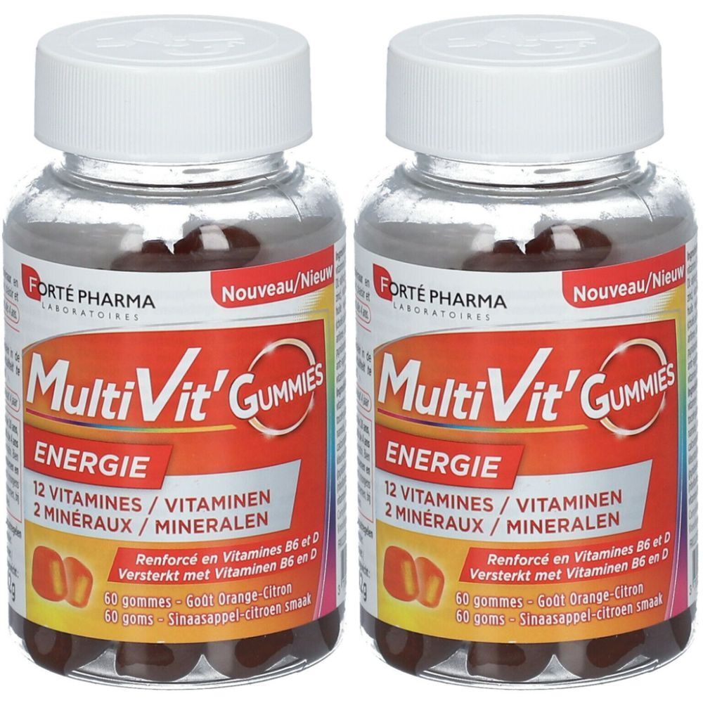 Deux flacons de MultiVit' Gummies Energie. Récipients transparents avec bouchon blanc. Étiquette rouge avec informations et logo de la marque.