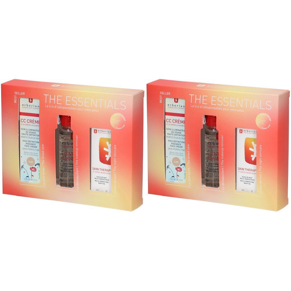 Coffret cadeau avec trois produits. Contient CC Crème, huile et Skin Therapy. Emballage rouge-jaune.