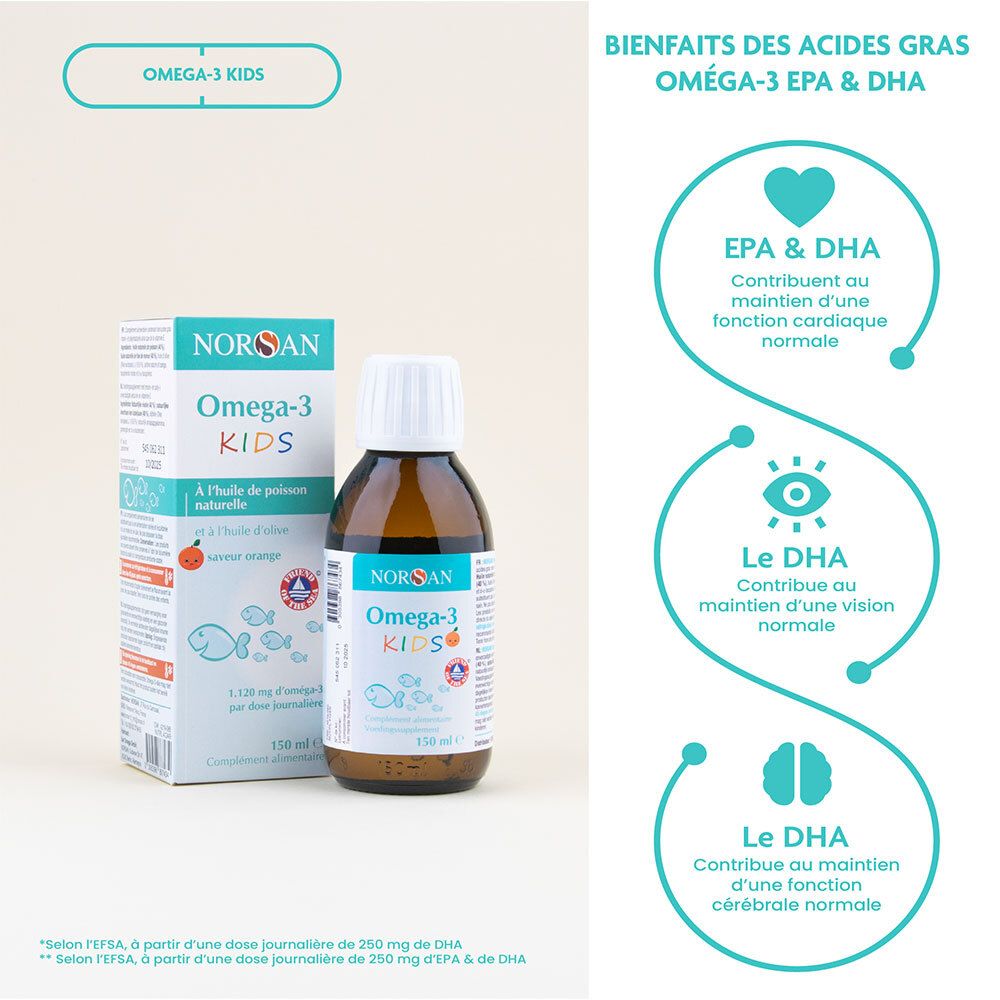 Flacon NORSAN Omega-3 KIDS Huile de poisson Orange et emballage. Flacon en verre brun, bouchon blanc et étiquette. Infographie des avantages.