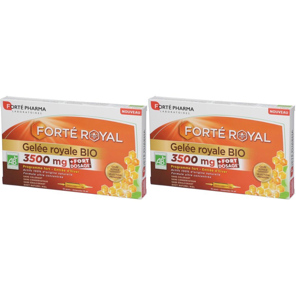 Deux boîtes de "FORTÉ ROYAL Gelée royale BIO 3500 mg". Le produit porte le logo AB et le mot "NOUVEAU".
