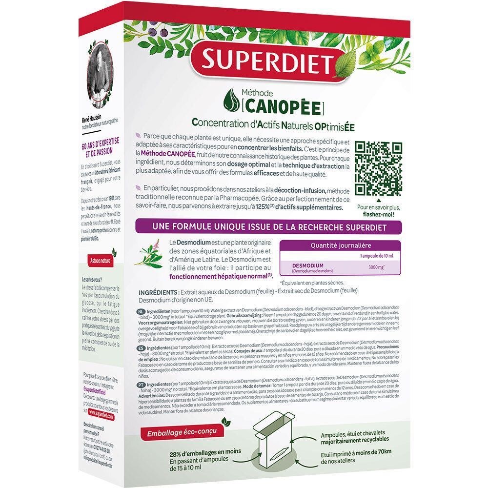 Arrière d'une boîte Superdiet Desmodium avec informations sur la composition et les ingrédients.
