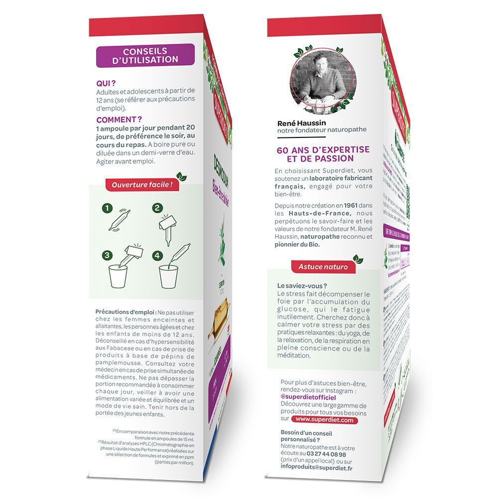 Vue latérale d'une boîte Superdiet Desmodium avec conseils d'utilisation et informations sur le fondateur.