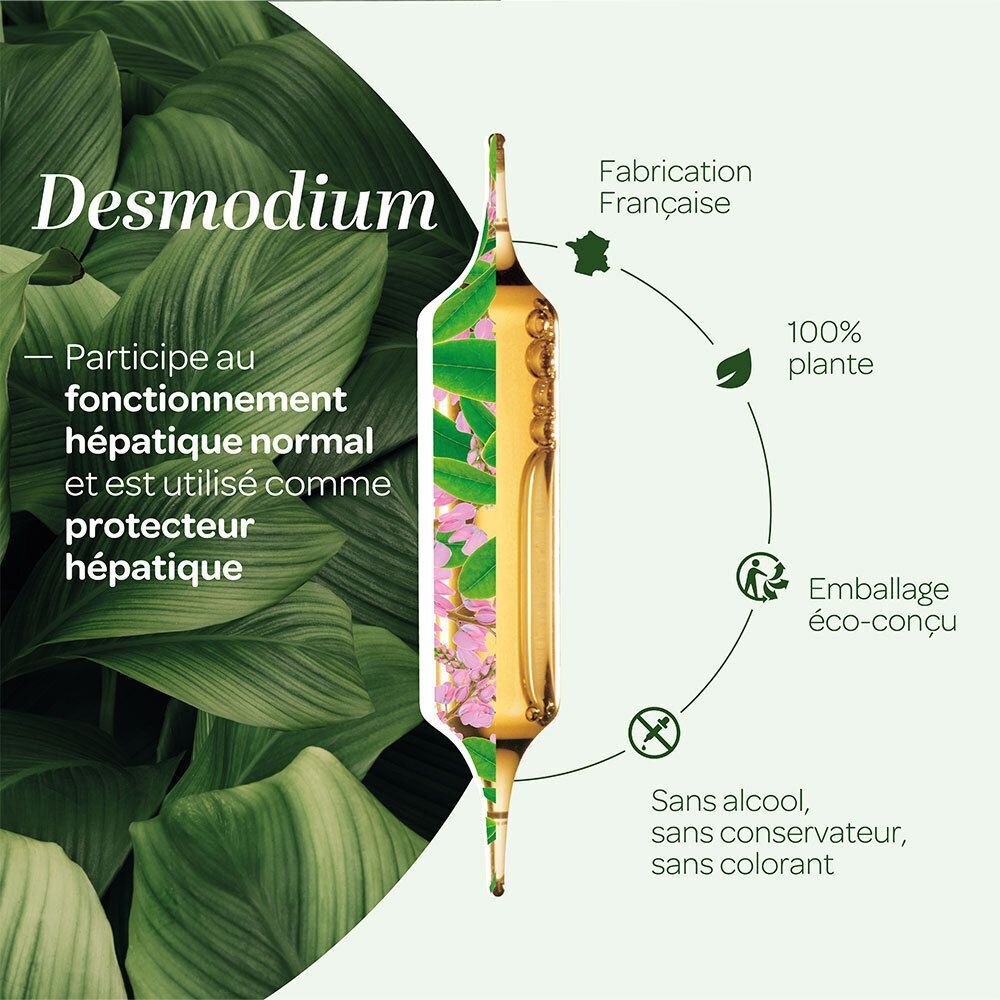 Une ampoule Superdiet Desmodium avec indication de fabrication française et 100% plante.