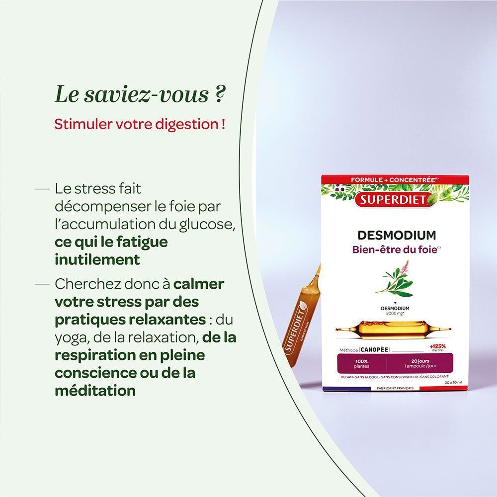 Boîte Superdiet Desmodium à côté d'une ampoule, avec texte sur le stress et la digestion.