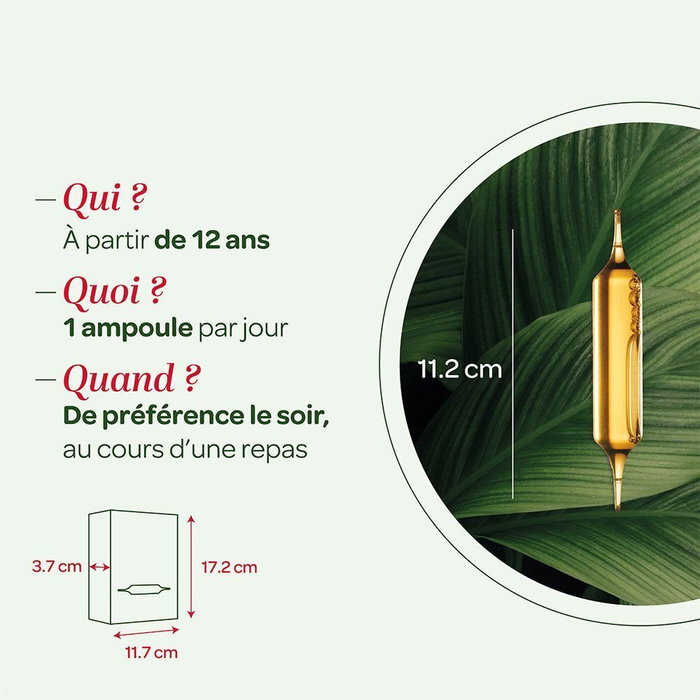 Ampoule et boîte Superdiet Desmodium avec dimensions et recommandations d'utilisation.