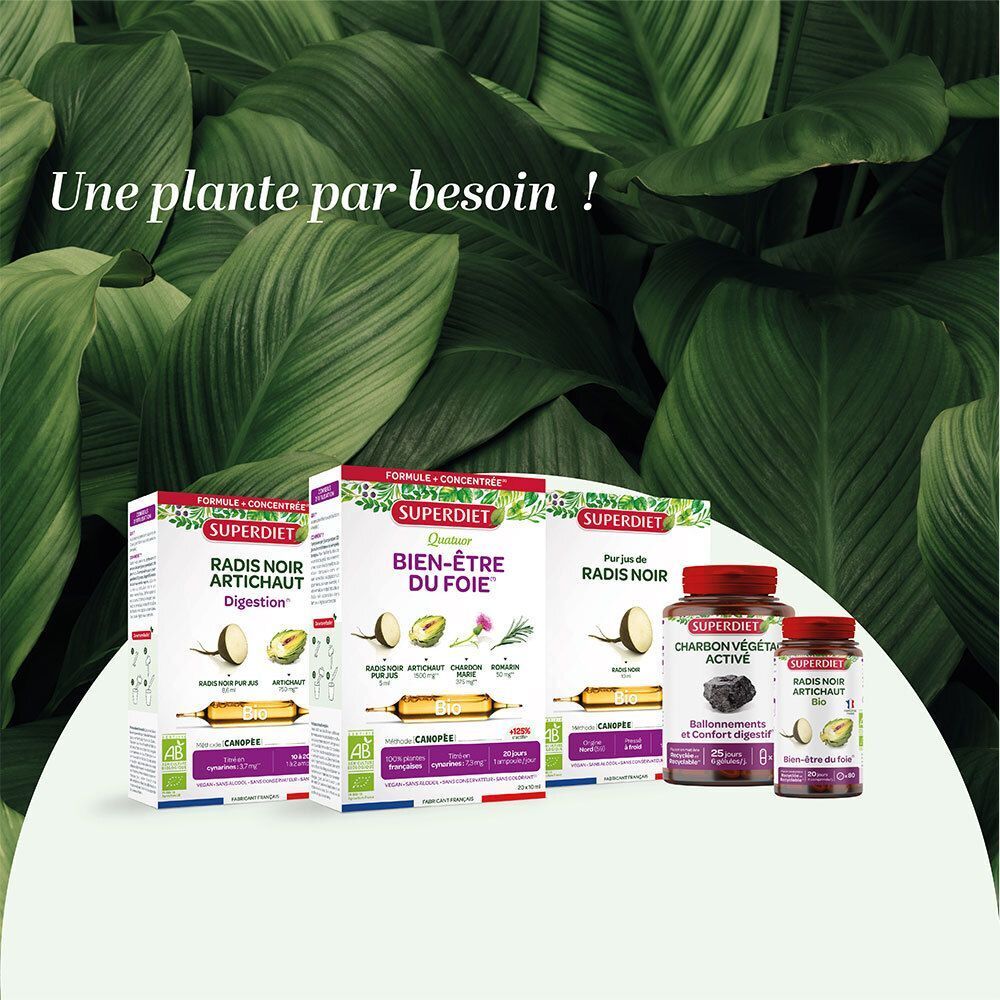Divers produits Superdiet, dont Desmodium, Radis Noir et Charbon Végétal.