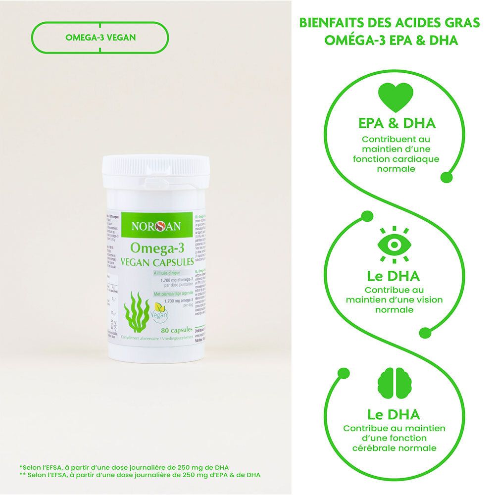 Flacon blanc de gélules NORSAN Omega-3 Vegan. Texte : Omega-3 Vegan Capsules, 80 gélules. Graphiques avec EPA & DHA.
