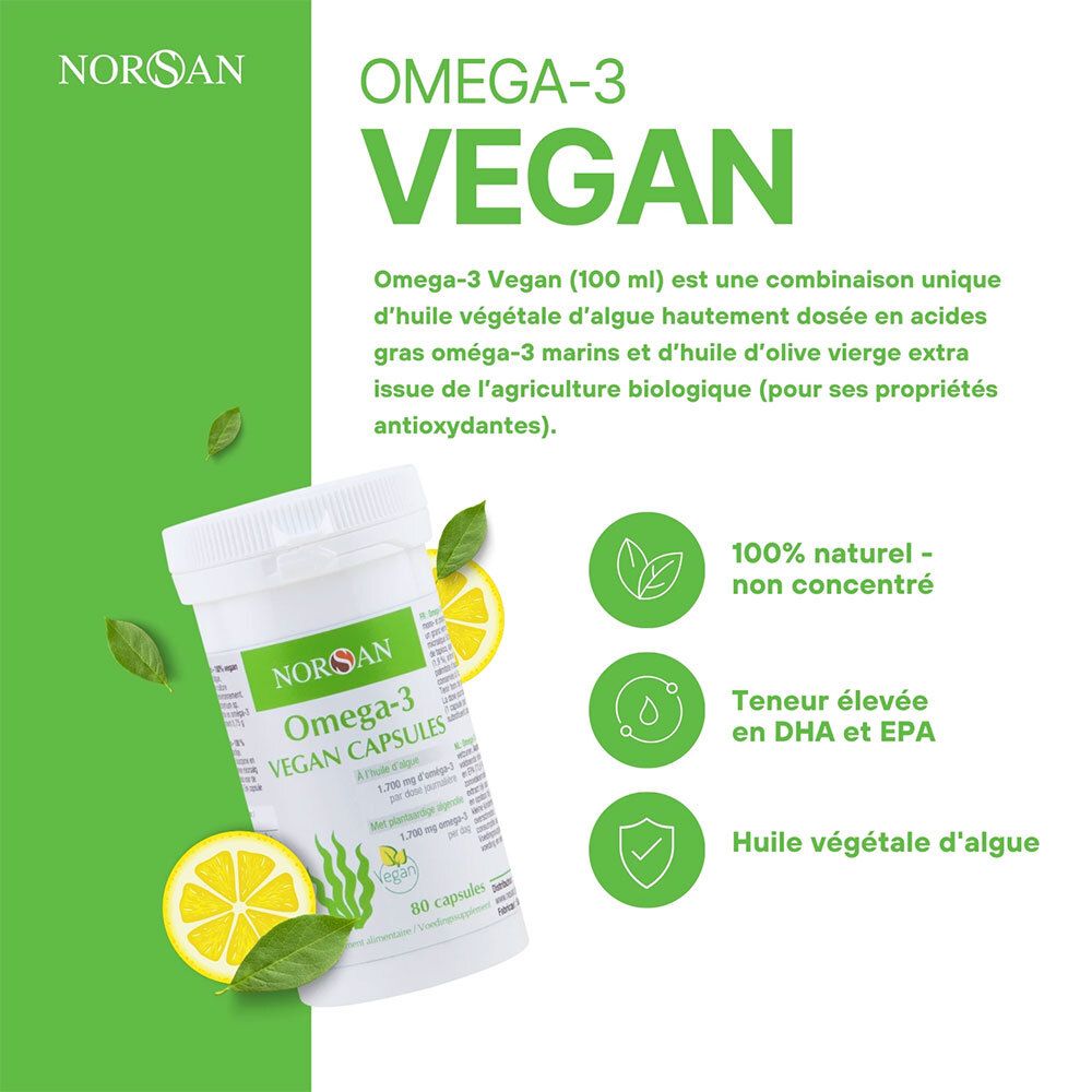 Flacon blanc de gélules NORSAN Omega-3 Vegan. Texte : Omega-3 Vegan Capsules, 80 gélules. Graphiques et citron.