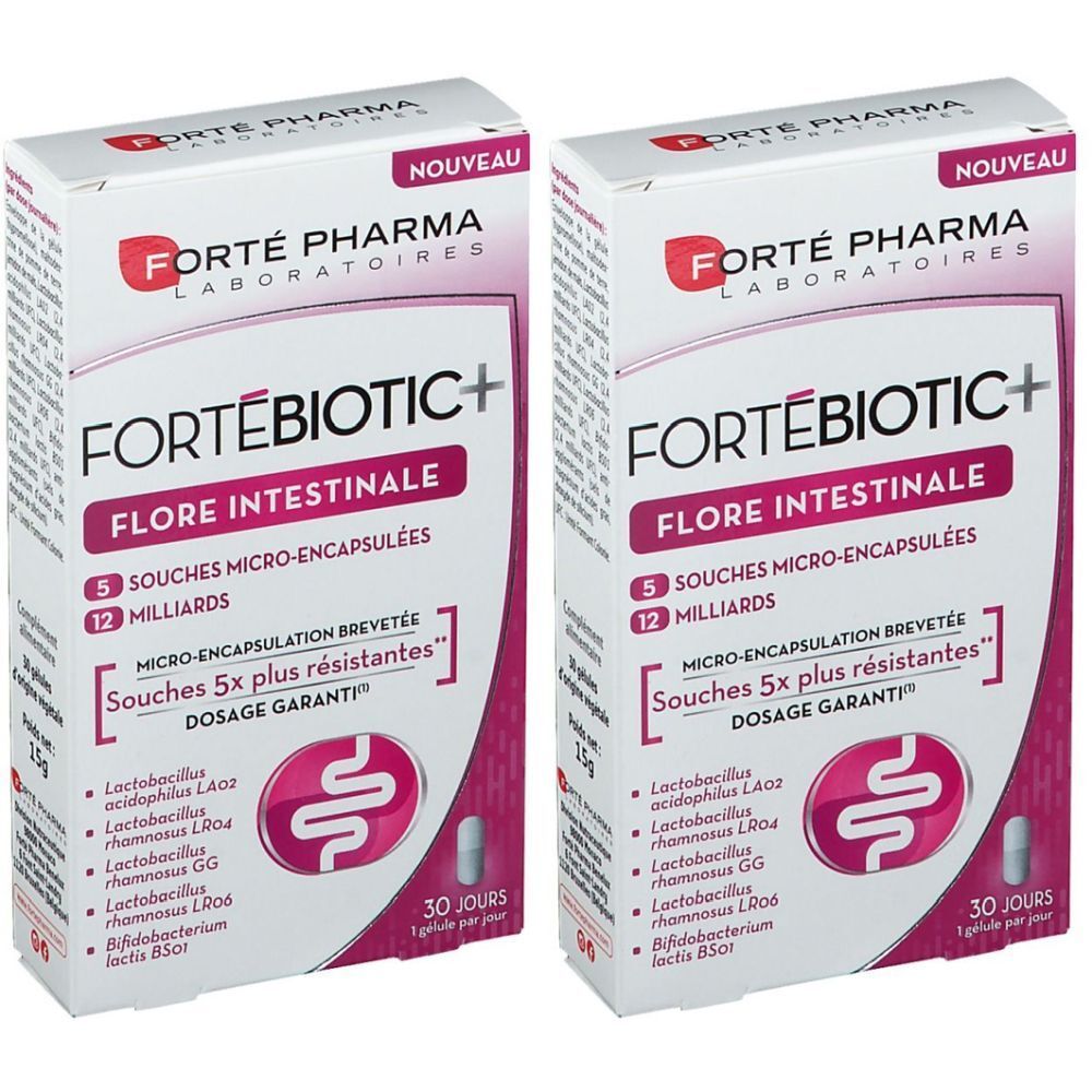 Deux boîtes de Forté Pharma FORTÉBIOTIC+ Flore Intestinale. Emballage blanc avec accents roses et informations produit.