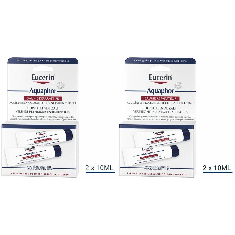 Deux boîtes de Eucerin Aquaphor. Chaque boîte contient deux tubes. Inscription : Baume Réparateur, 2 x 10 ml.