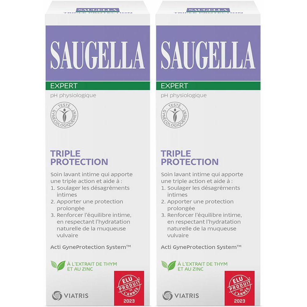 Deux boîtes de SAUGELLA Expert Triple Protection. Design violet et blanc avec texte. Contient un logo et des informations sur le produit.
