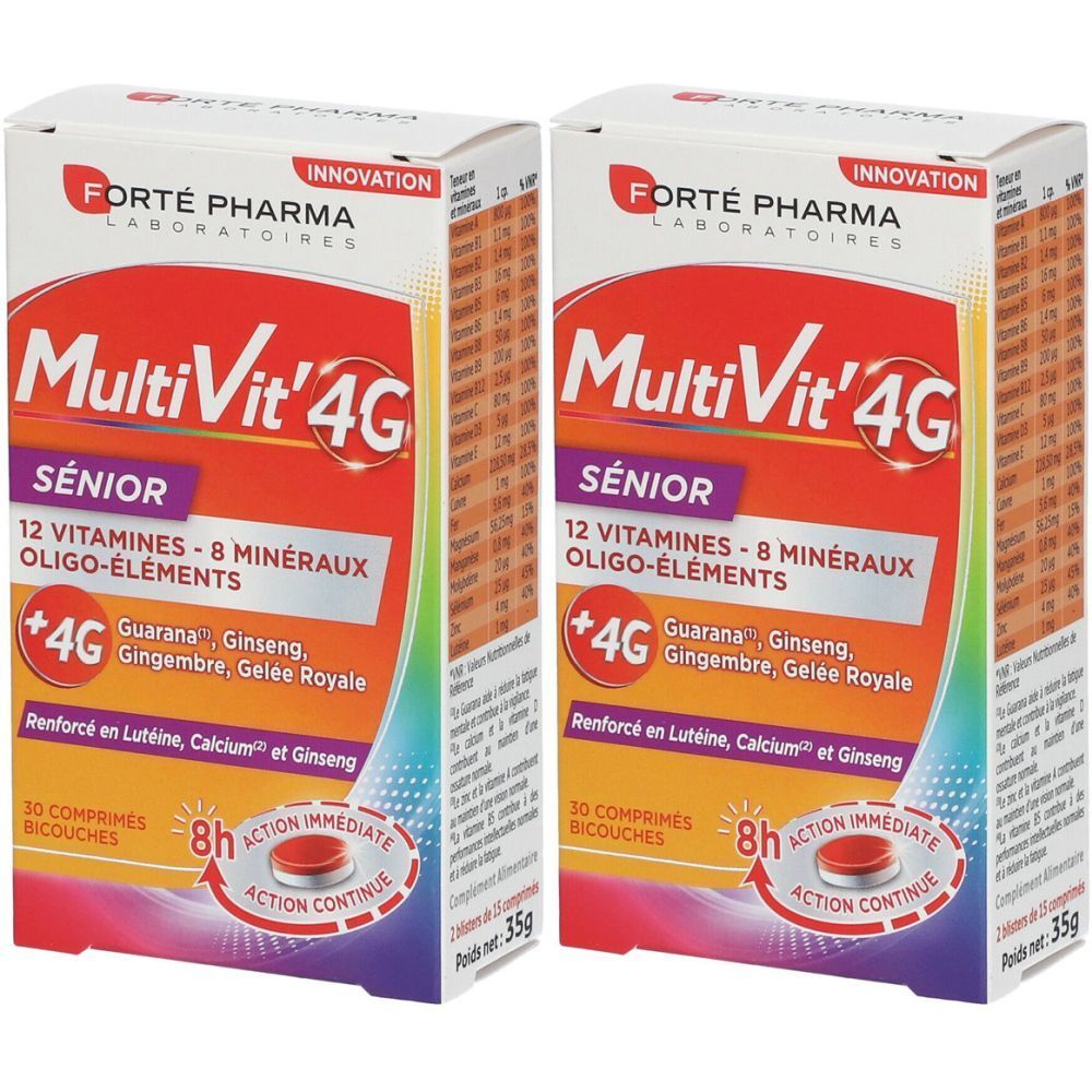 Deux boîtes de Forté Pharma MultiVit'4G Senior. Inscription : 12 vitamines, 8 minéraux, oligo-éléments. Avec guarana, ginseng, gingembre, gelée royale.